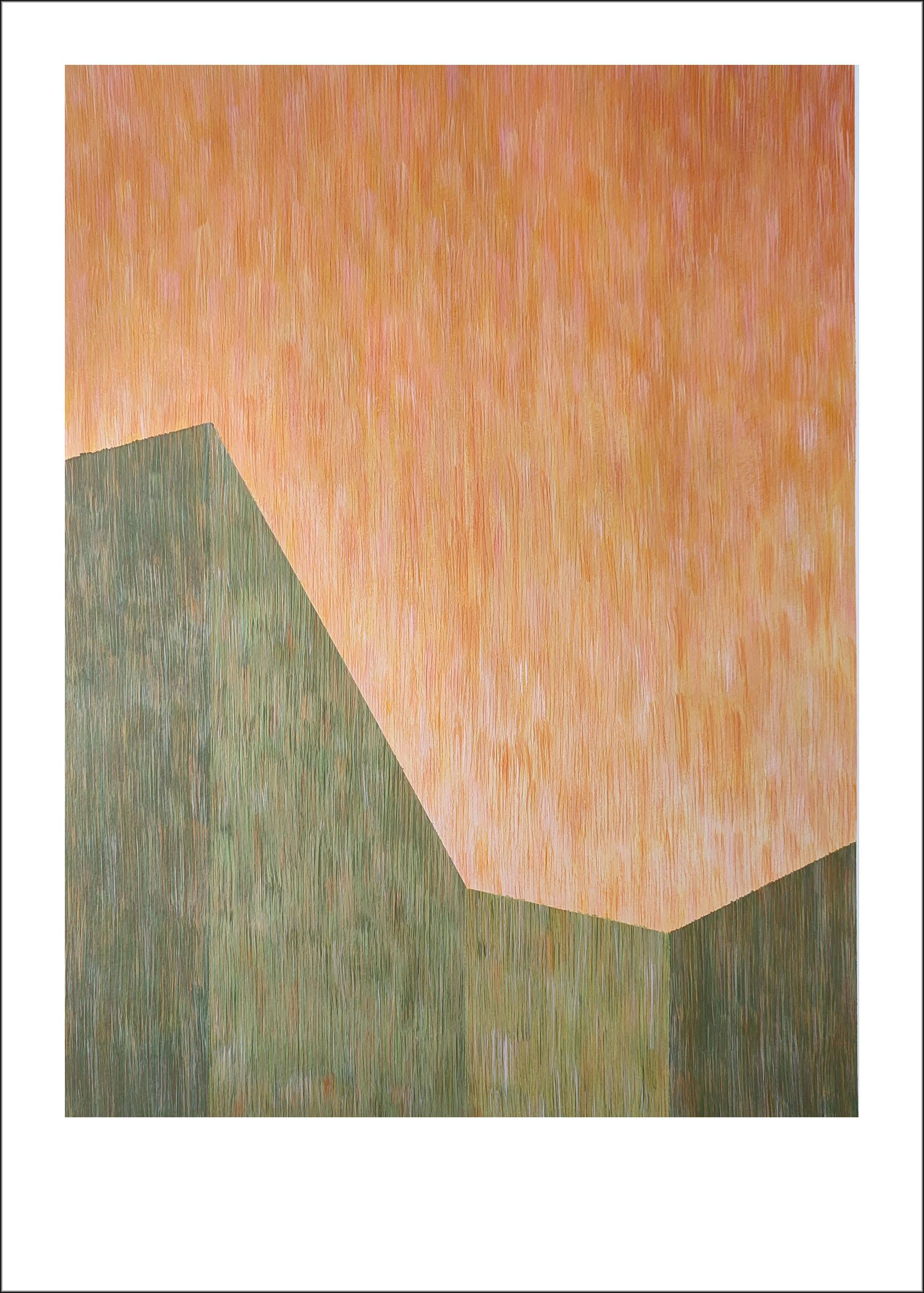 Figurative Painting de Nacho Reina - Arquitectura Brutalista Industrial Marrón y Verde, Construcción Geométrica sobre Papel