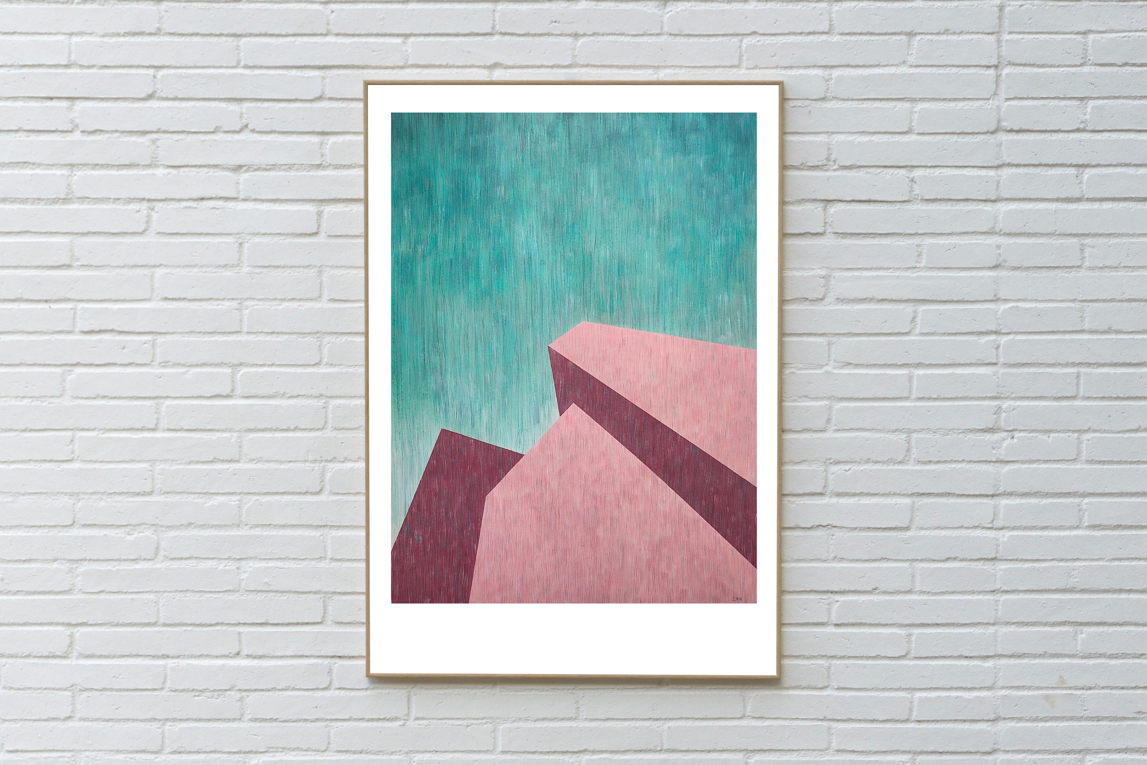 Architecture perspective brutaliste, formes de bâtiments industriels verts et roses - Painting de Nacho Reina