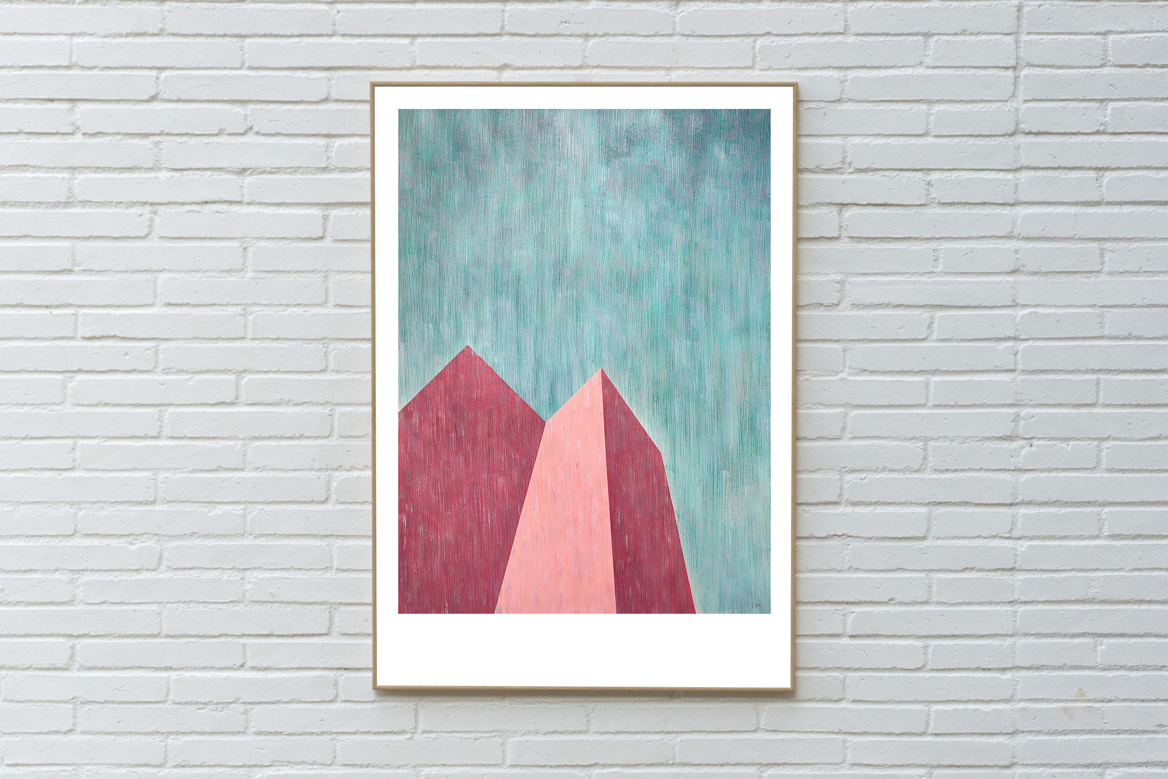 Brutalist Perspective Architecture, Green and Pink Industrial Building Shapes - Painting by Nacho Reina