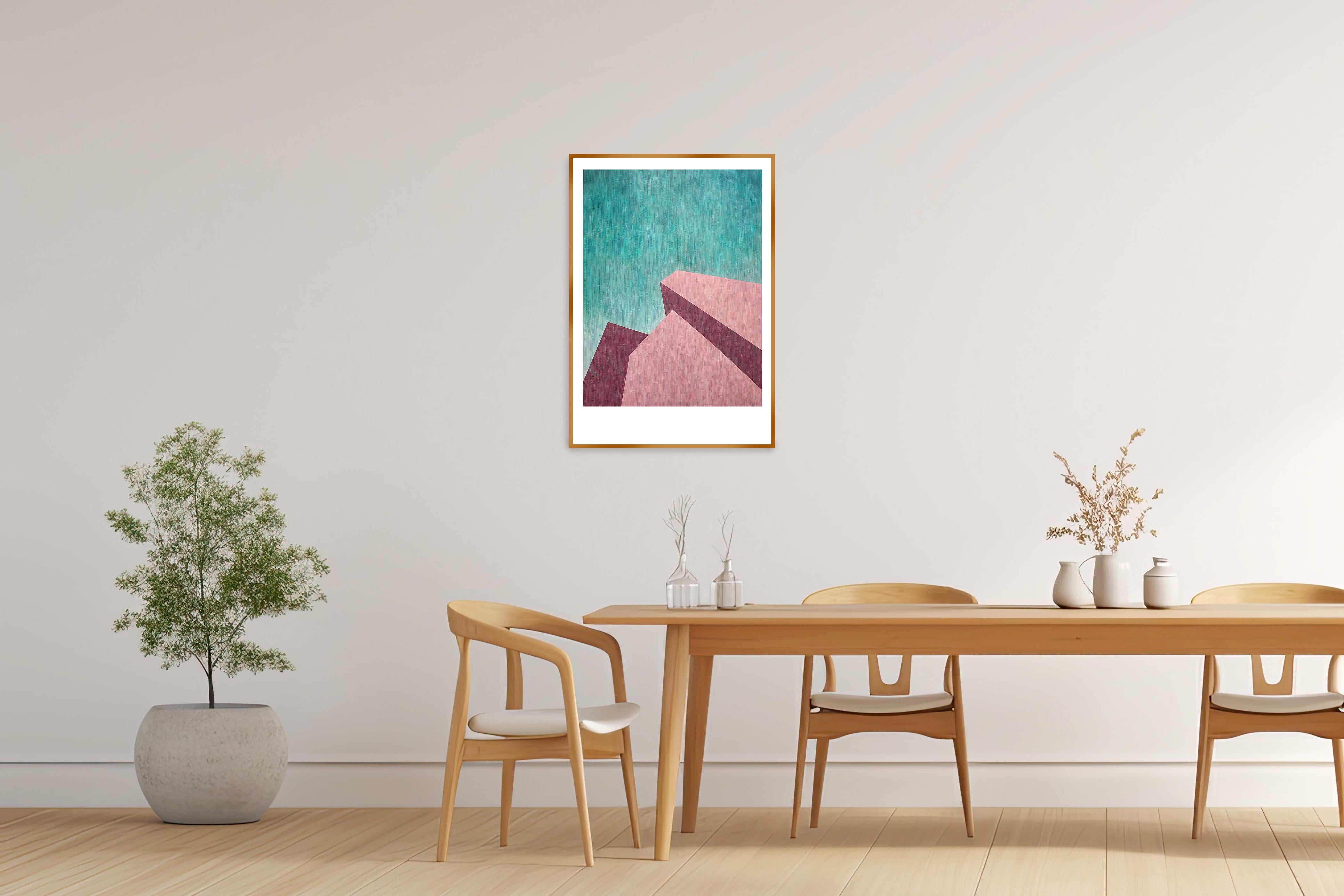 Architecture perspective brutaliste, formes de bâtiments industriels verts et roses - Contemporain Painting par Nacho Reina