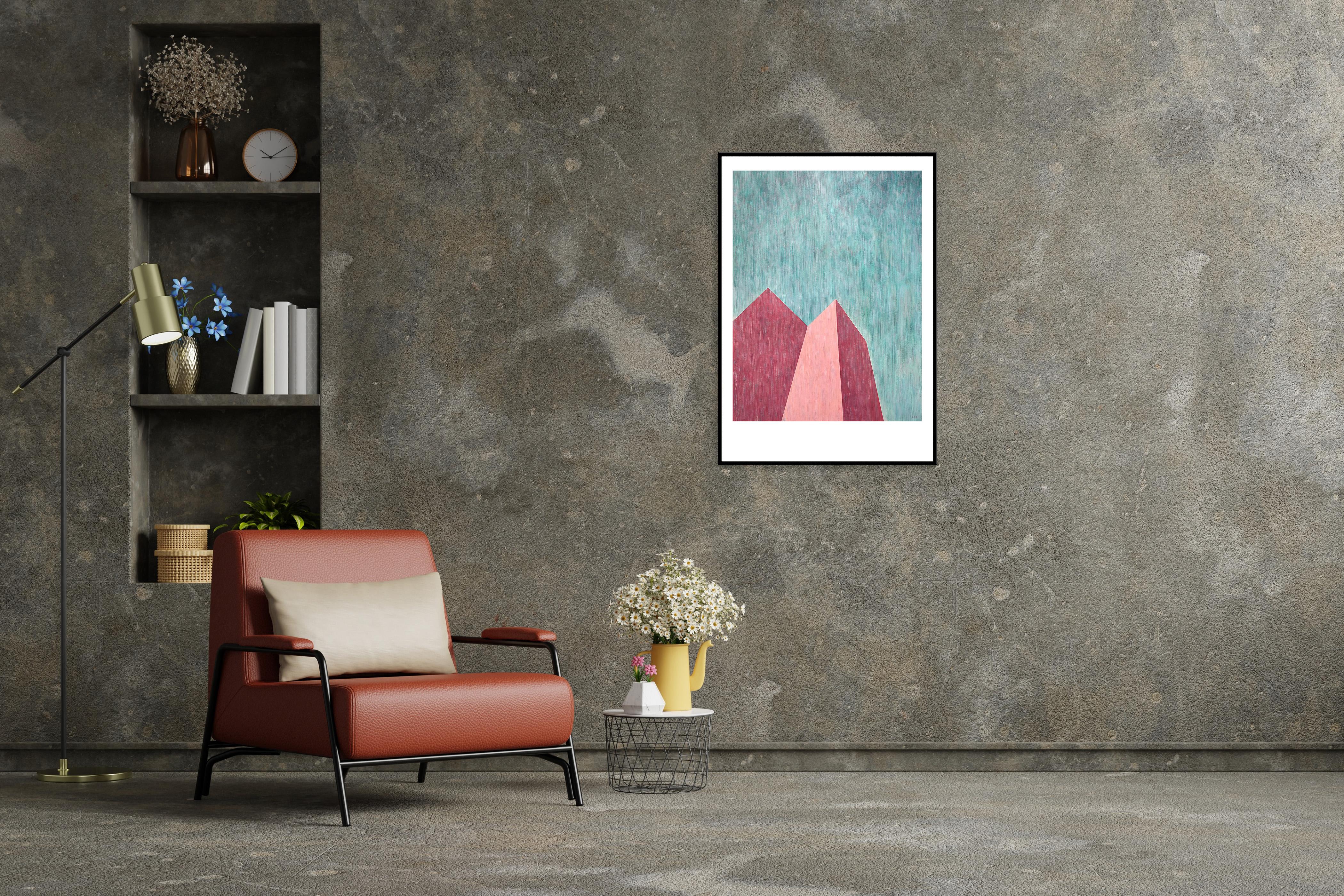 Brutalist Perspective Architecture, Green and Pink Industrial Building Shapes - Contemporary Painting by Nacho Reina