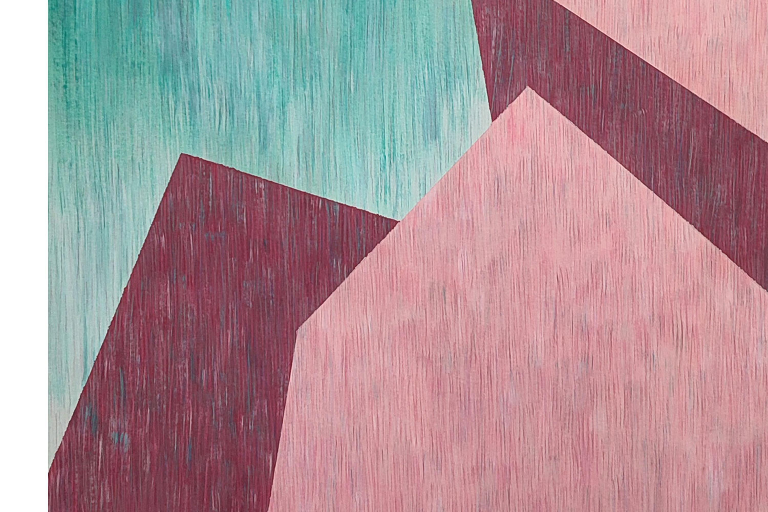 Architecture perspective brutaliste, formes de bâtiments industriels verts et roses - Bleu Landscape Painting par Nacho Reina