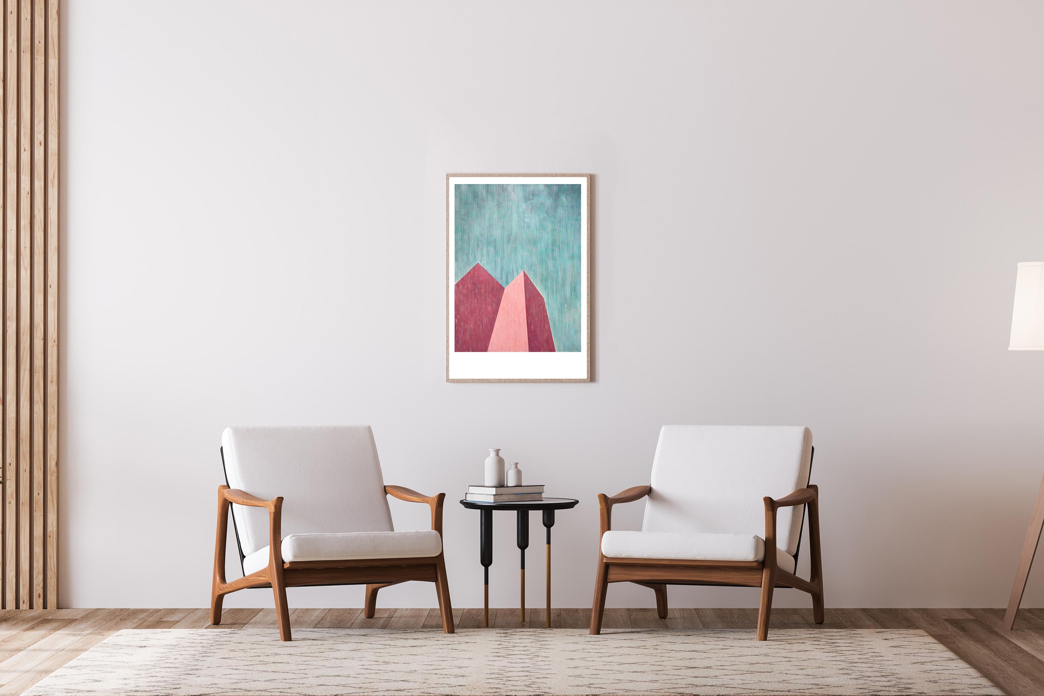 Brutalist Perspective Architecture, Green and Pink Industrial Building Shapes - Gray Landscape Painting by Nacho Reina