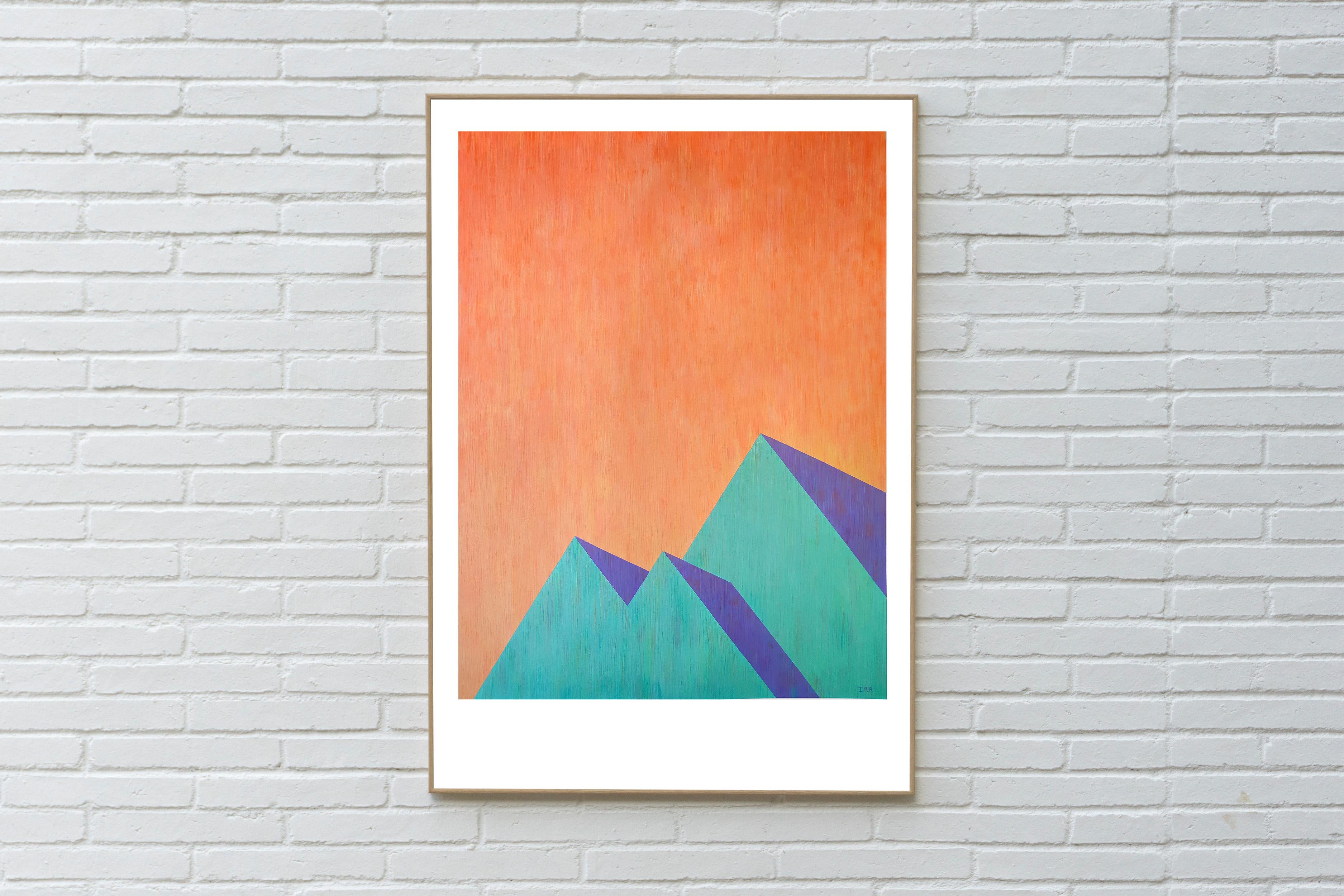 Pintura Brutalista Pirámides, Arquitectura Contemporánea en Verde y Naranja, Papel - Painting de Nacho Reina