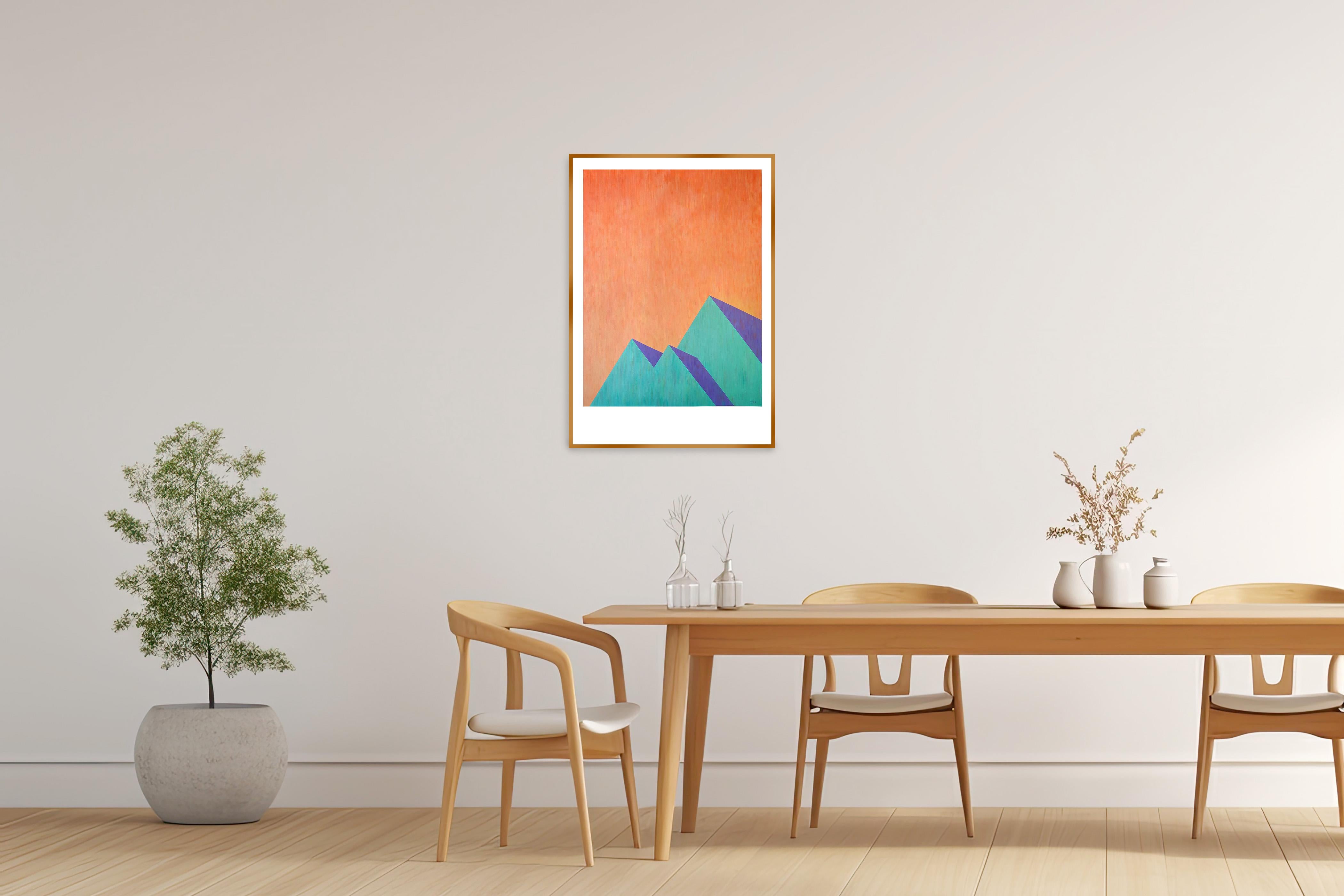 Pintura Brutalista Pirámides, Arquitectura Contemporánea en Verde y Naranja, Papel - Painting Contemporáneo de Nacho Reina