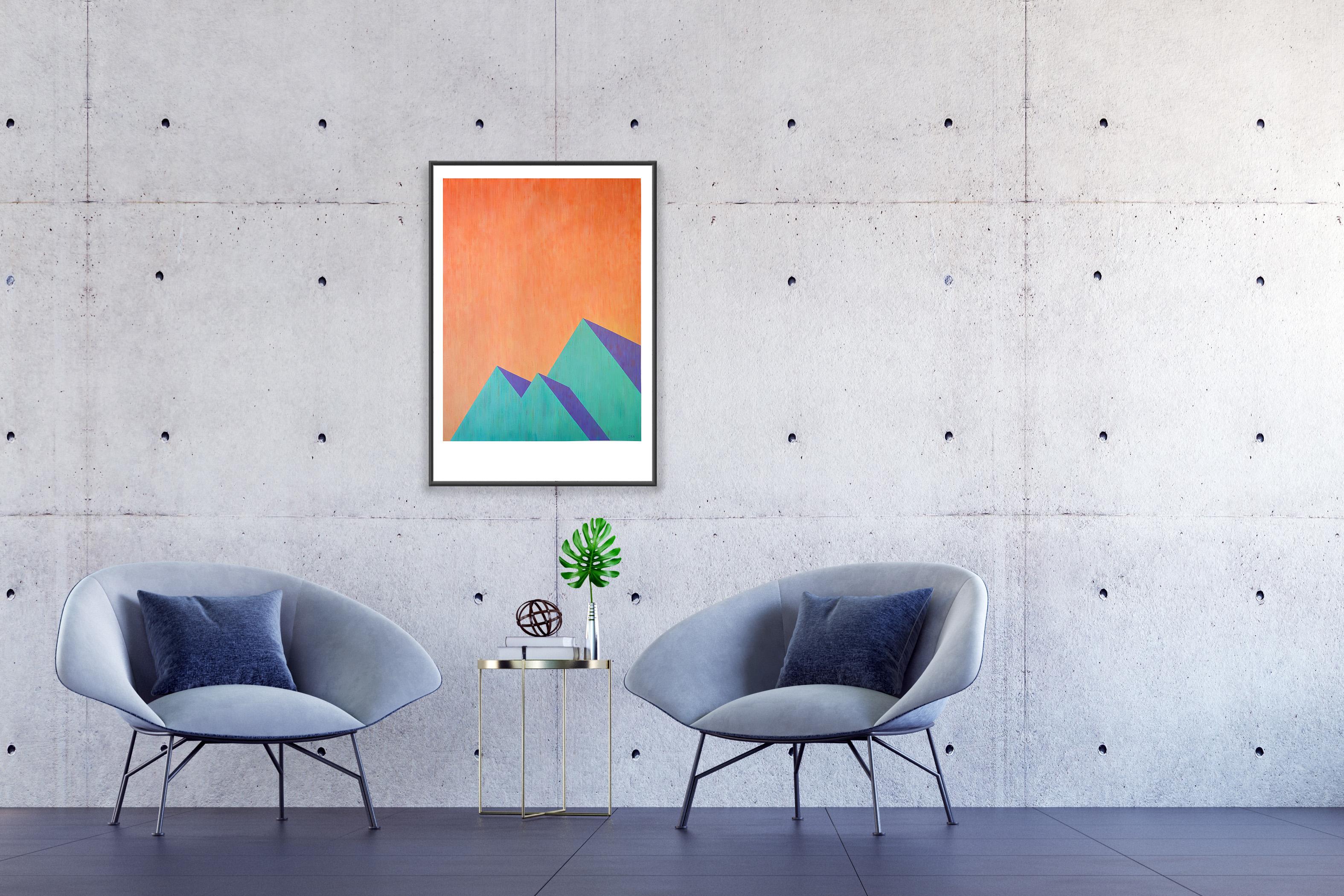 Pintura Brutalista Pirámides, Arquitectura Contemporánea en Verde y Naranja, Papel en venta 1