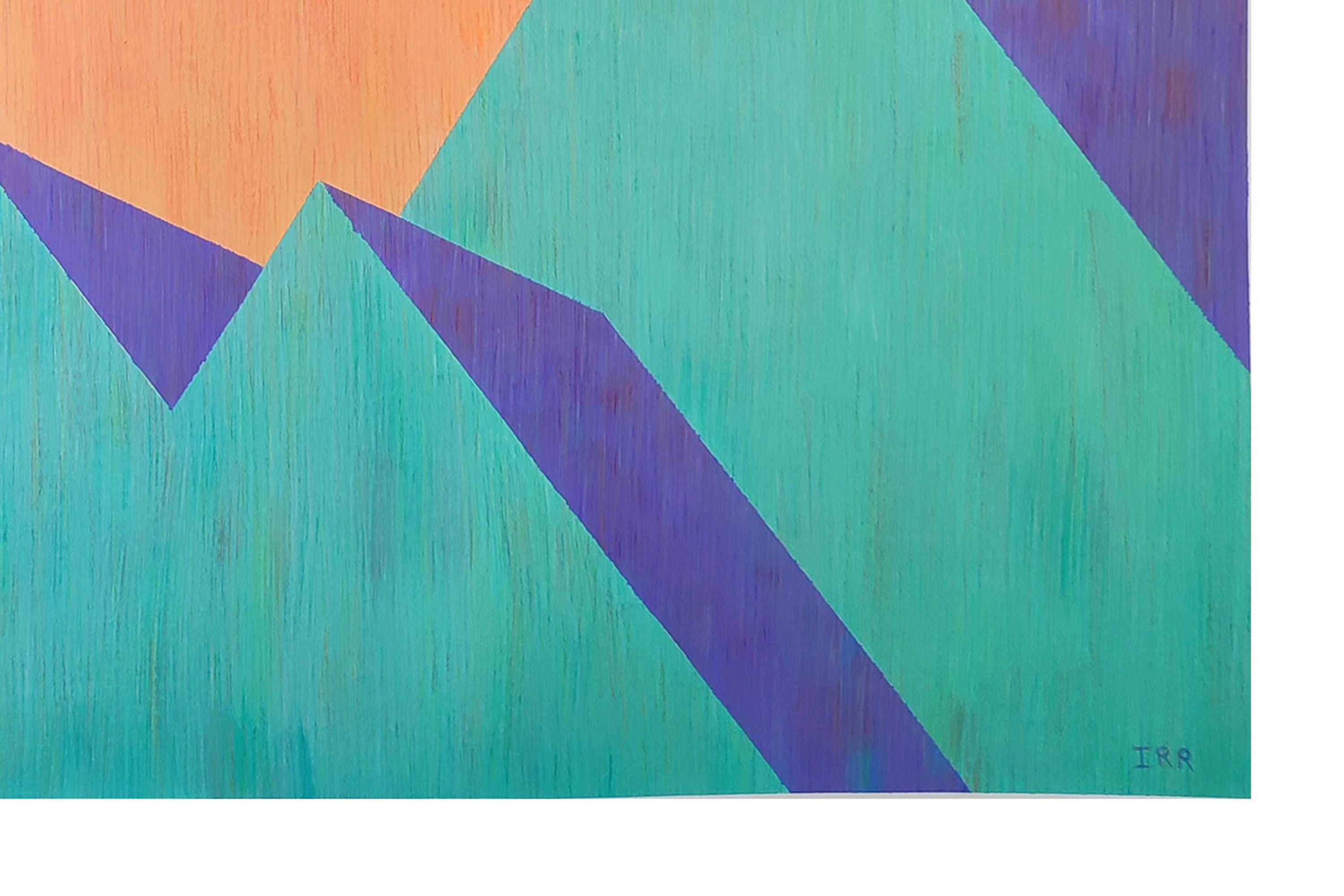 Pintura Brutalista Pirámides, Arquitectura Contemporánea en Verde y Naranja, Papel en venta 4