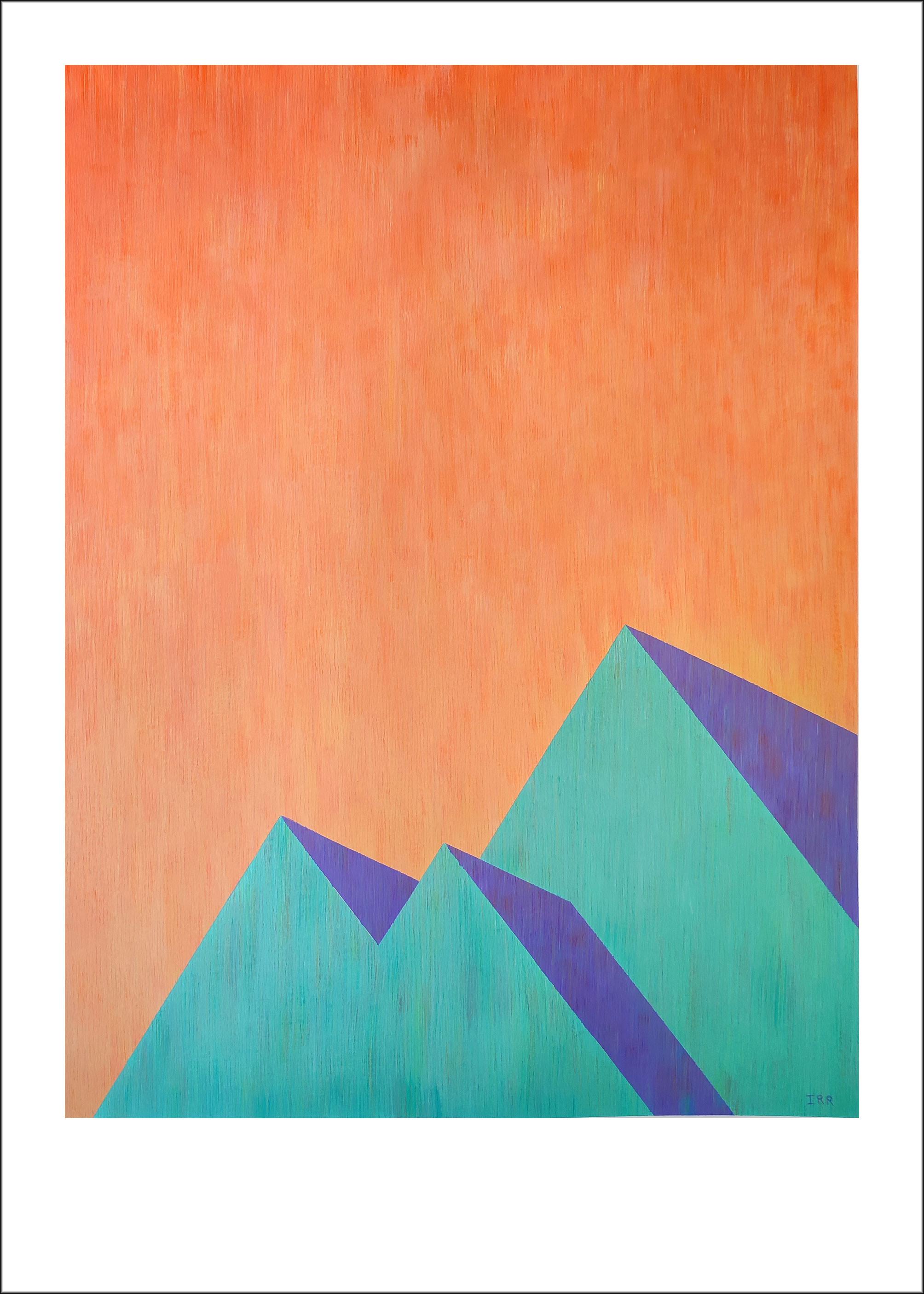 Pintura Brutalista Pirámides, Arquitectura Contemporánea en Verde y Naranja, Papel