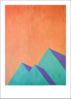Peinture des pyramides brutalistes, architecture contemporaine en vert et orange, papier
