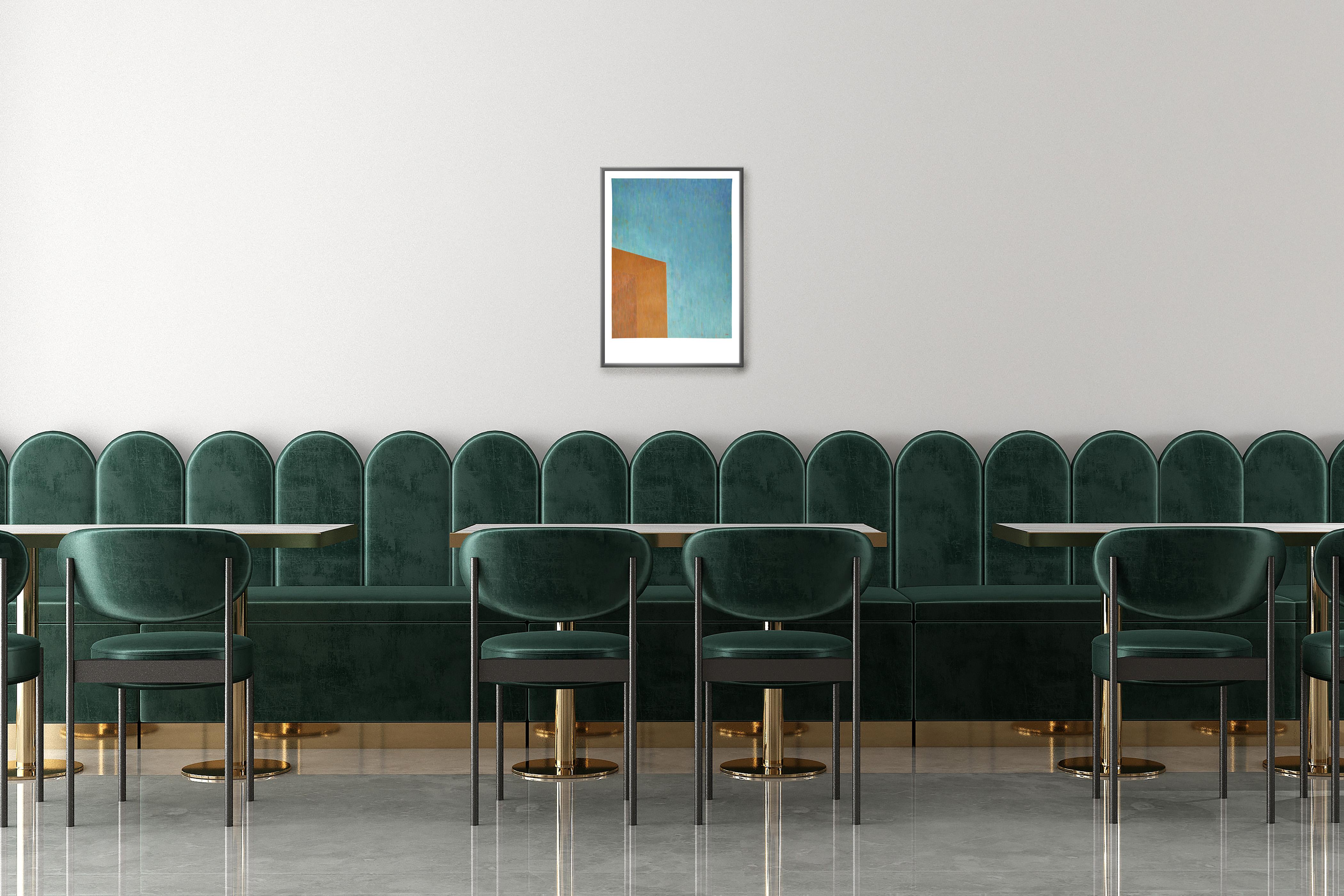 Arquitectura Brutalista Industrial en Azul y Naranja, Construcción Geométrica sobre Papel - Painting Contemporáneo de Nacho Reina