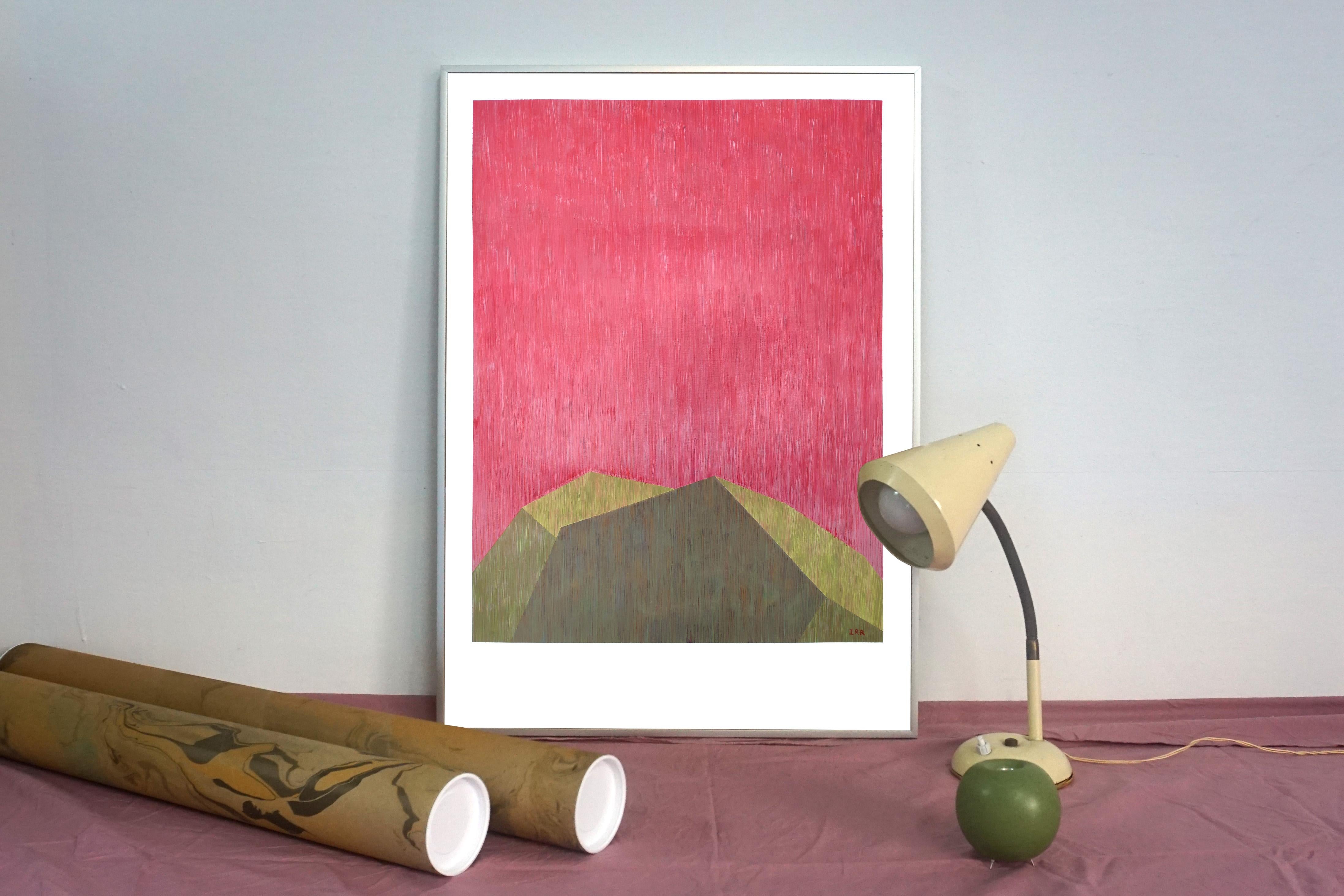 industrial Brutalist Architecture in Pink & Green, Geometric Building on Paper - Painting by Nacho Reina