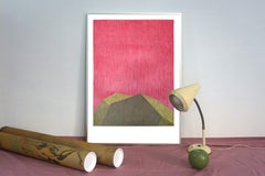 industrial Brutalist Architecture in Pink & Green, Geometric Building on Paper