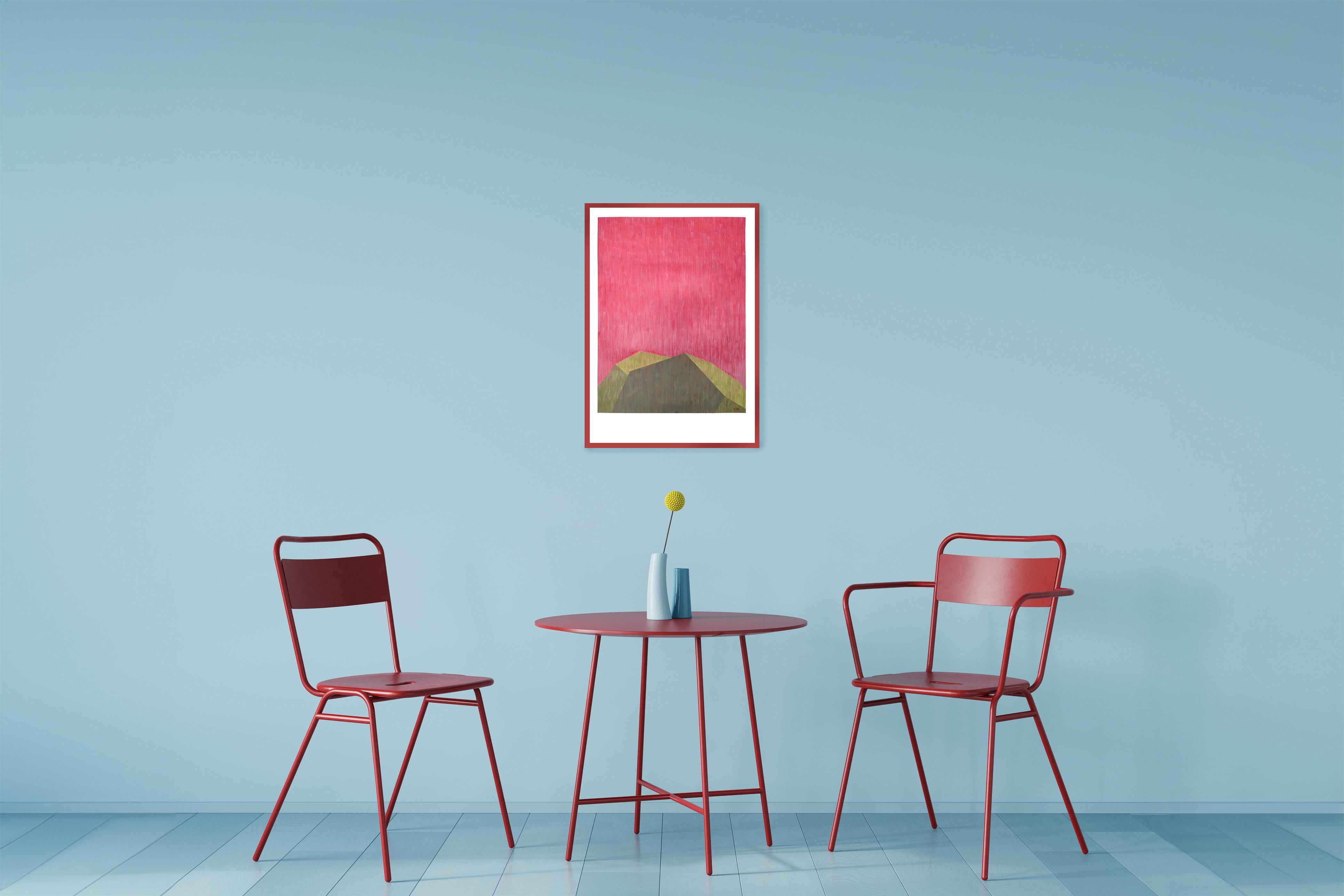 industrial Brutalist Architecture in Pink & Green, Geometric Building on Paper - Contemporary Painting by Nacho Reina