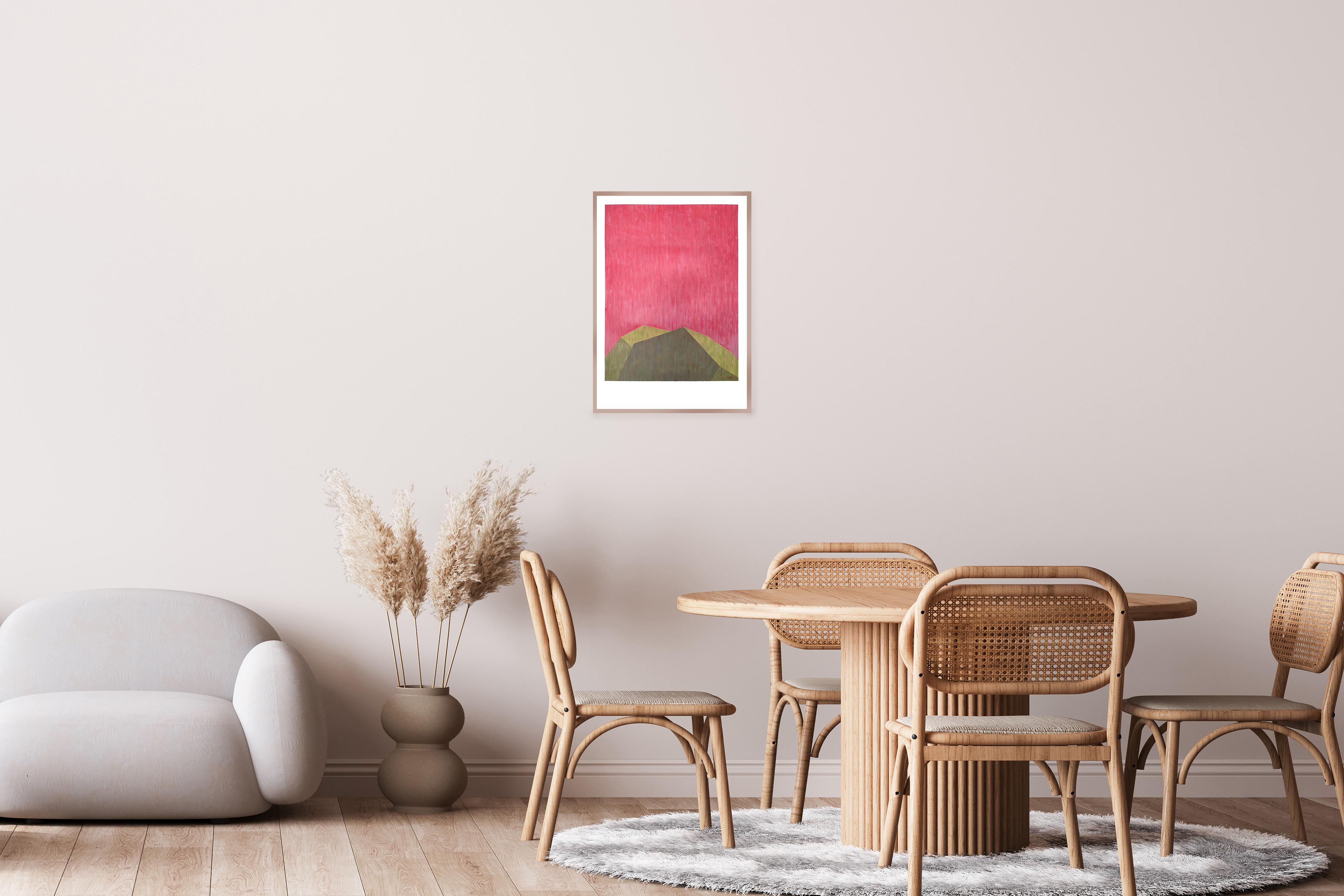 industrial Brutalist Architecture in Pink & Green, Geometric Building on Paper For Sale 1