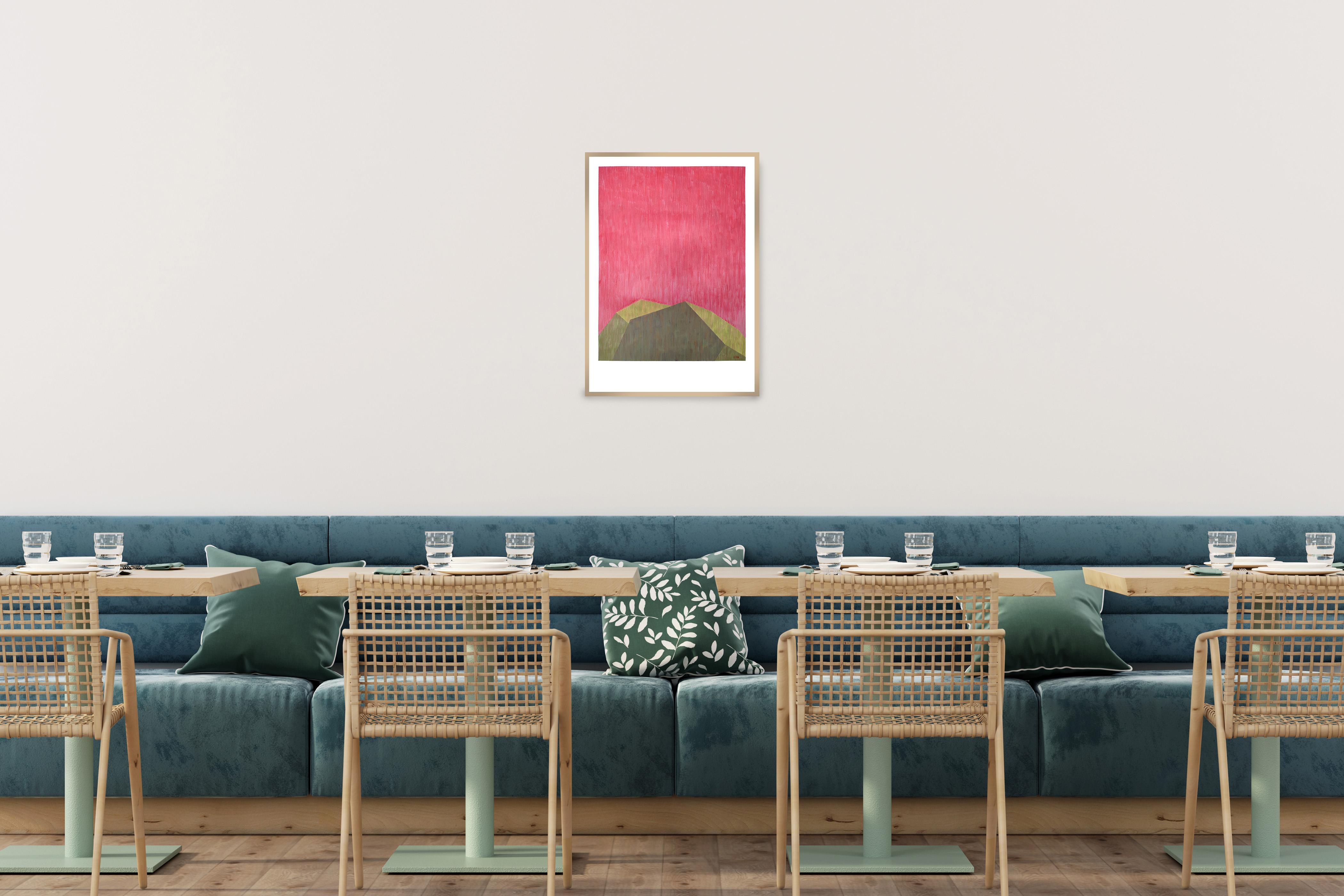 industrial Brutalist Architecture in Pink & Green, Geometric Building on Paper For Sale 2