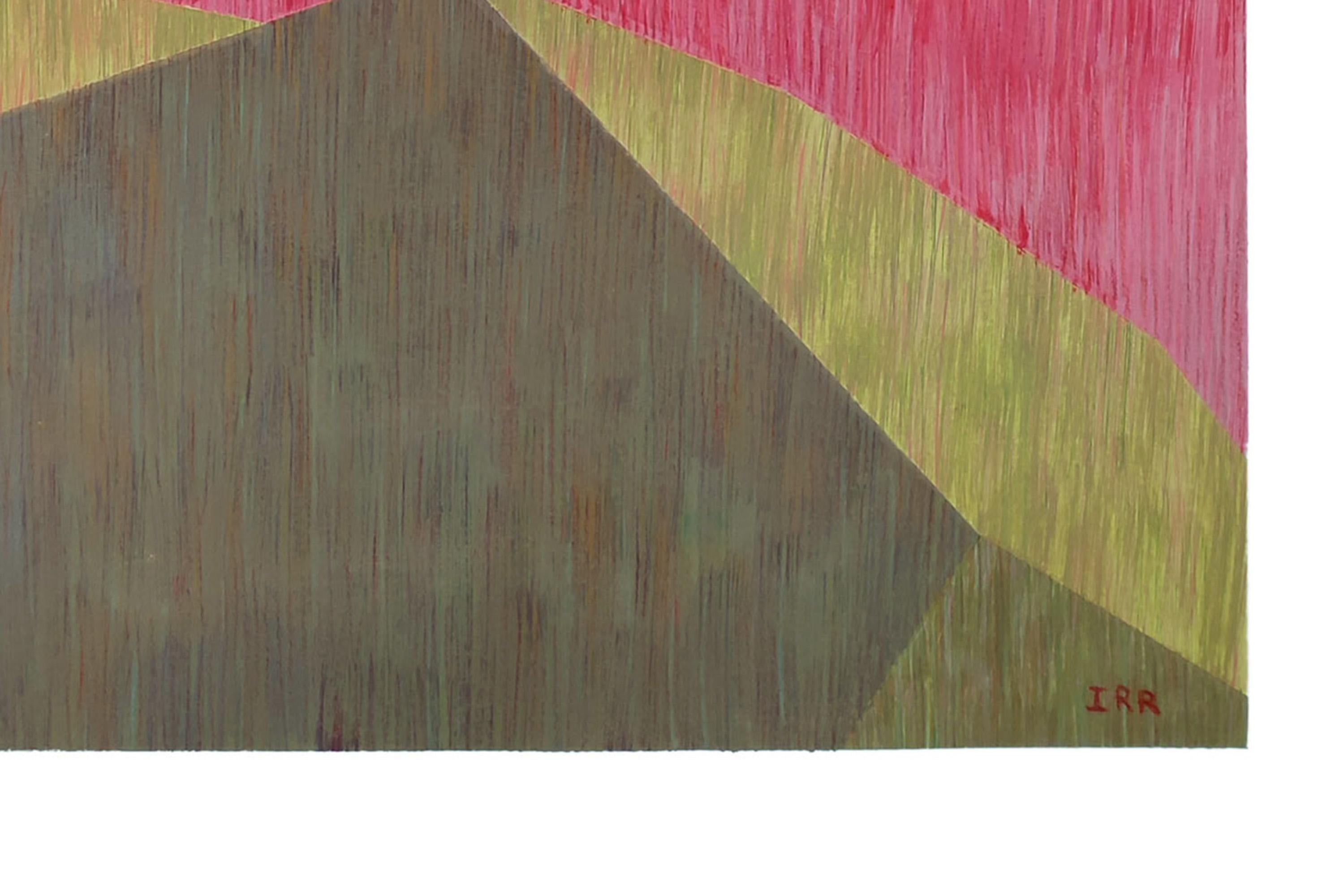 industrial Brutalist Architecture in Pink & Green, Geometric Building on Paper For Sale 4