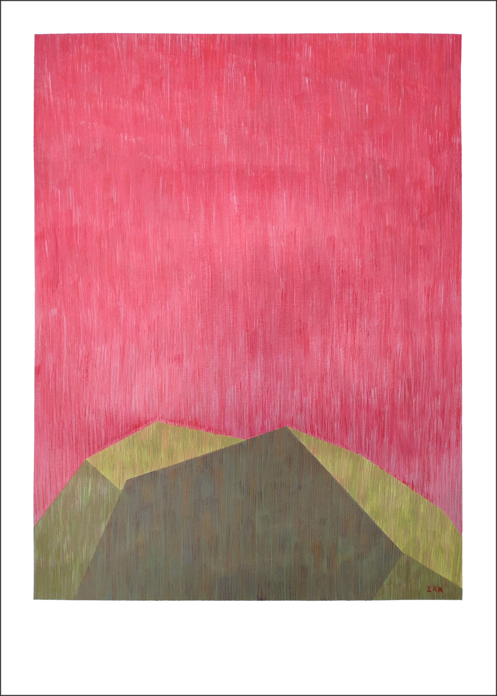 Nacho Reina Landscape Painting - industrial Brutalist Architecture in Pink & Green, Geometric Building on Paper