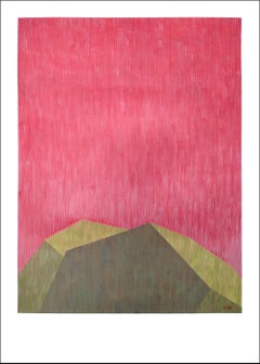 industrial Brutalist Architecture in Pink & Green, Geometric Building on Paper
