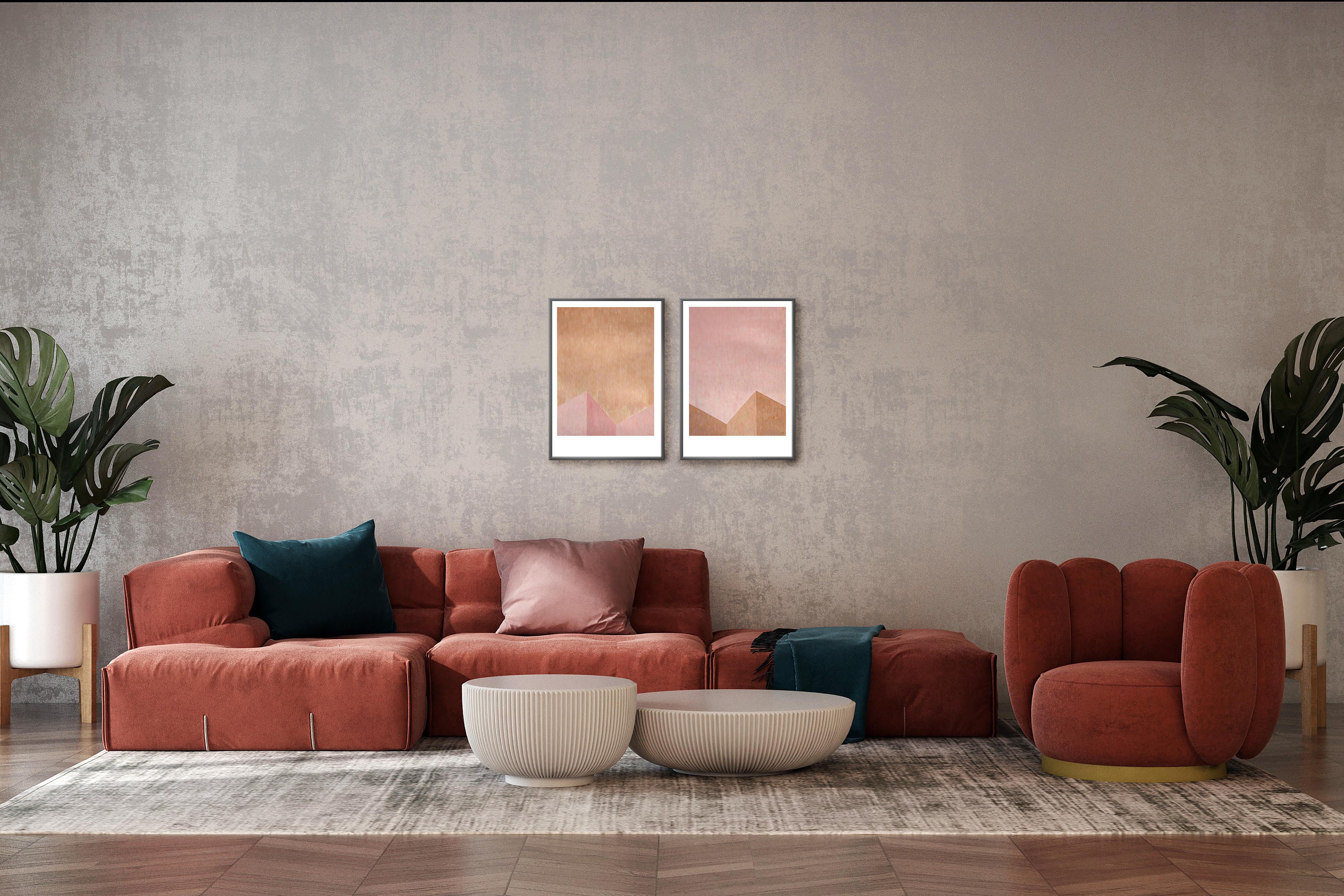 Minimalisme industriel, diptyque de paysages urbains, palette de pastels, paysage urbain moderne en vente 1