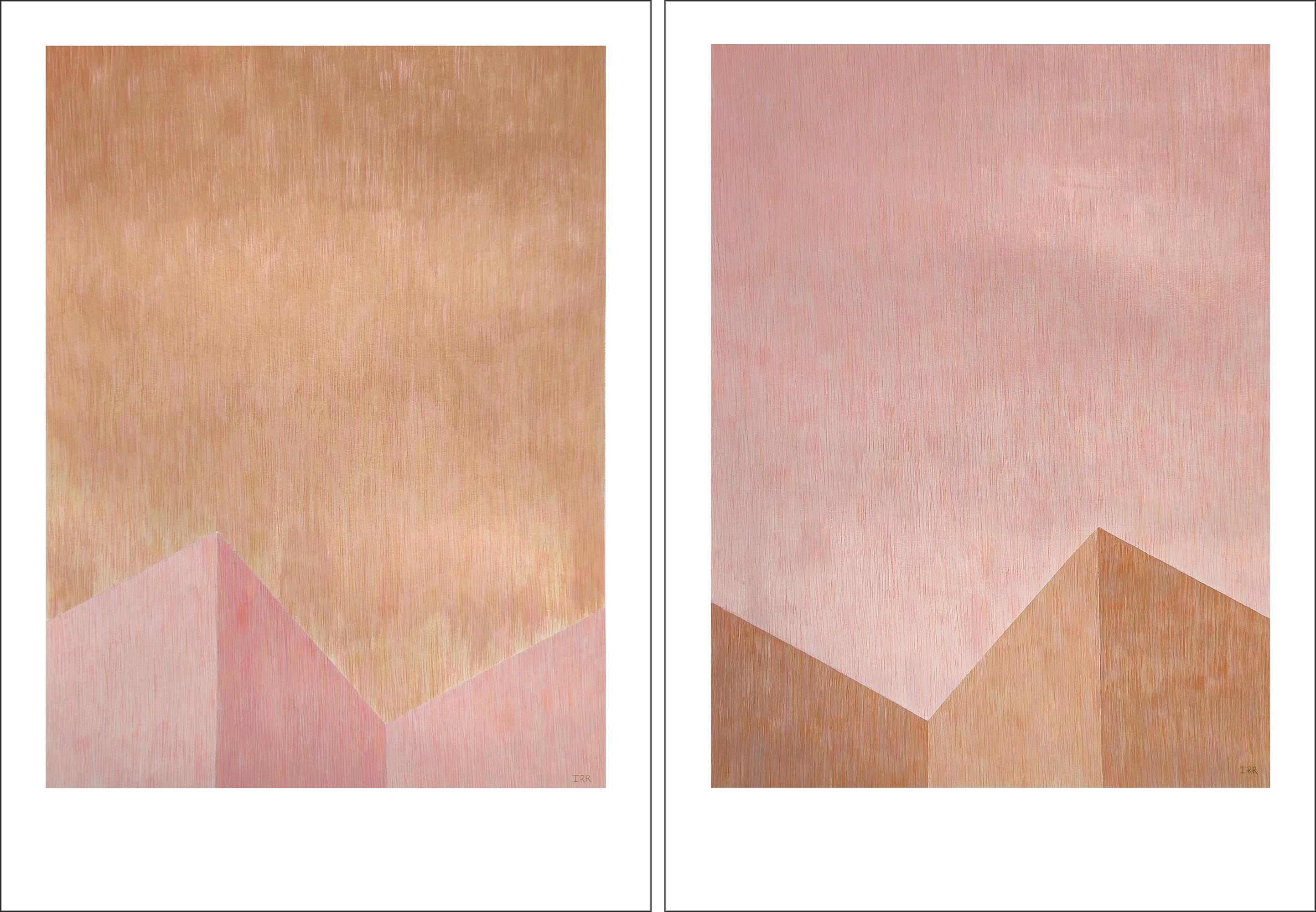 Landscape Painting Nacho Reina - Minimalisme industriel, diptyque de paysages urbains, palette de pastels, paysage urbain moderne
