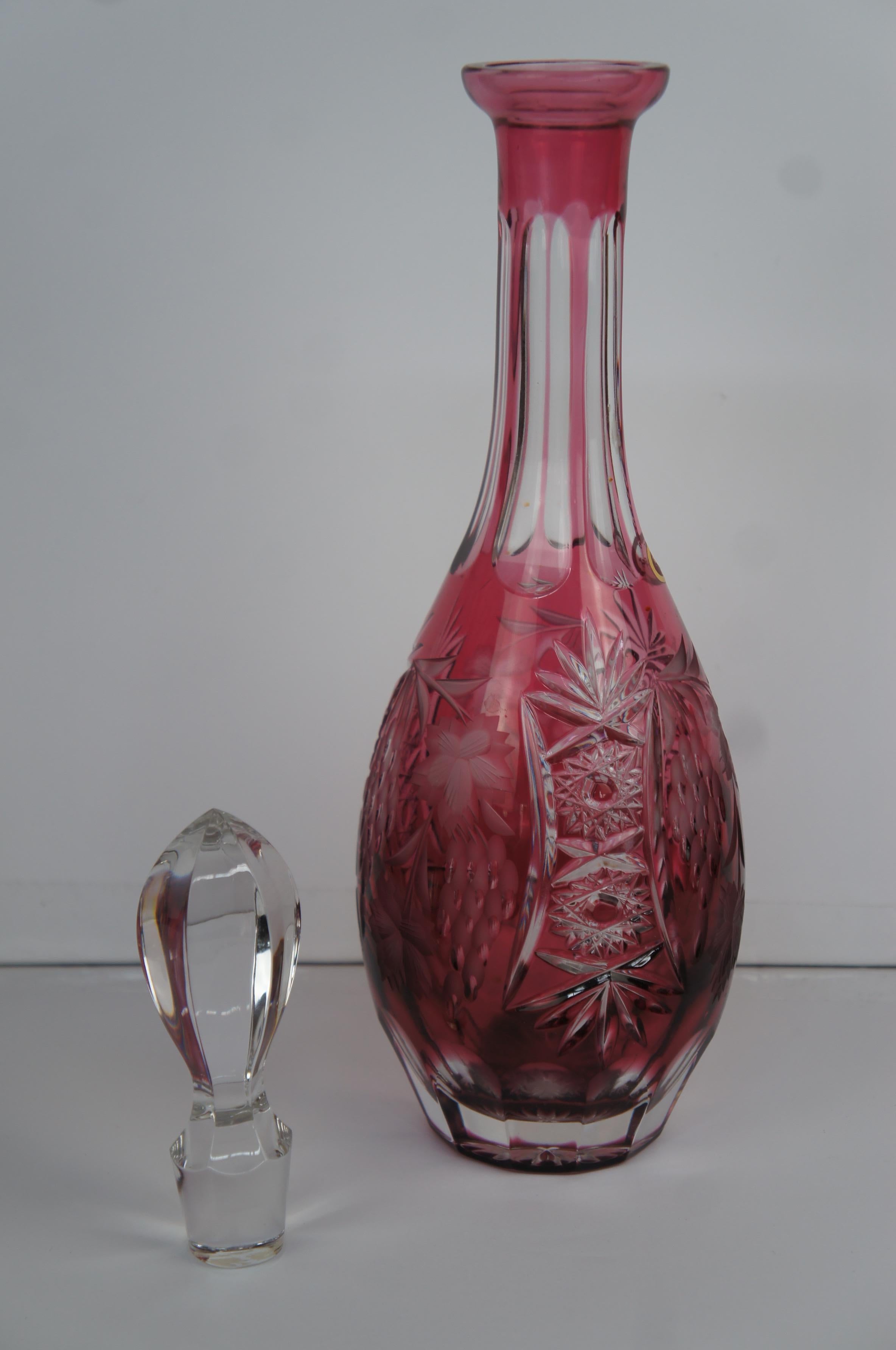 Nachtmann Traube Bohemian Cranberry Cut Clear Crystal Decanter & Shot Glasses For Sale 4