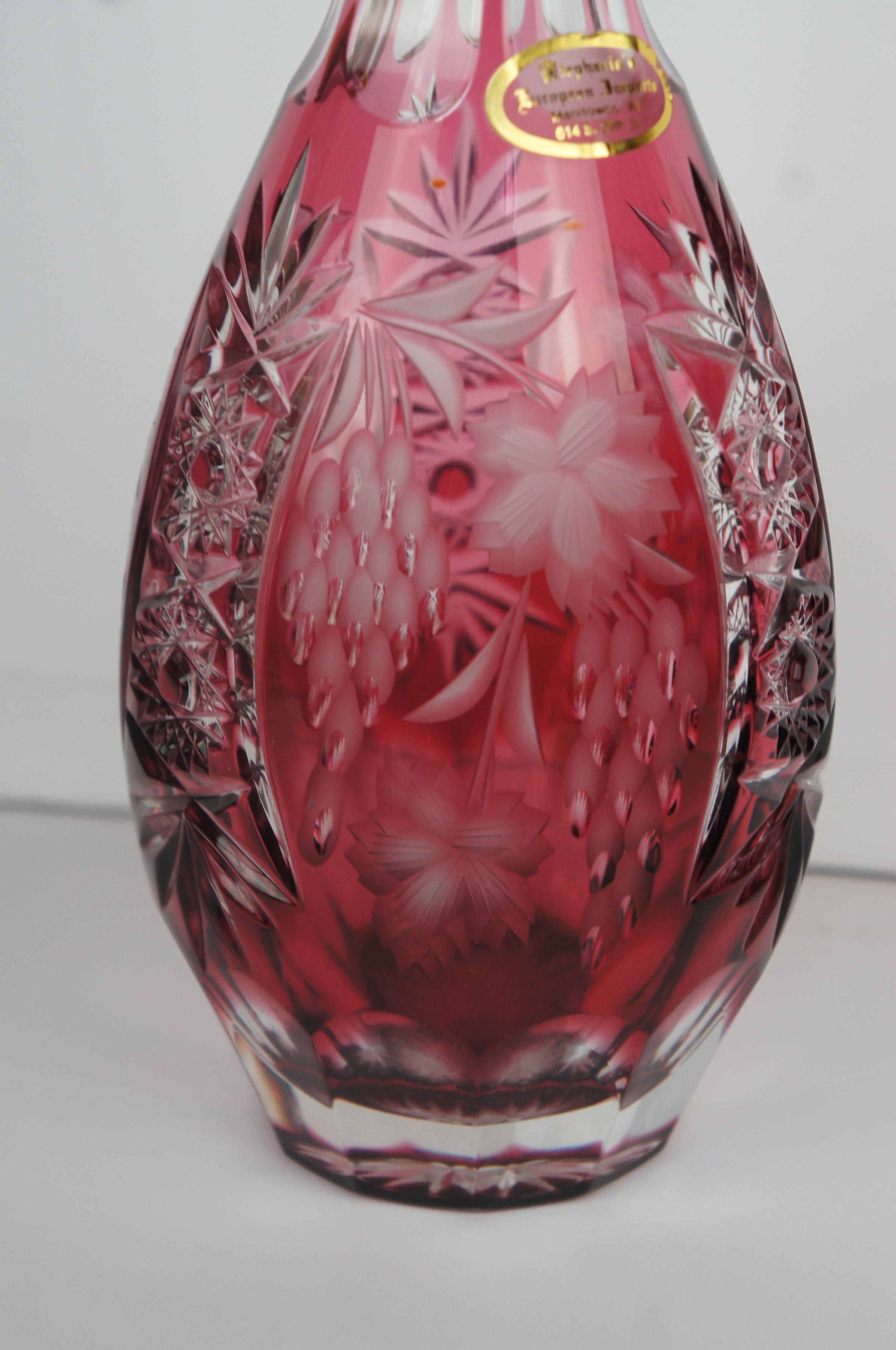 Nachtmann Traube Bohemian Cranberry Cut Clear Crystal Decanter & Shot Glasses For Sale 2