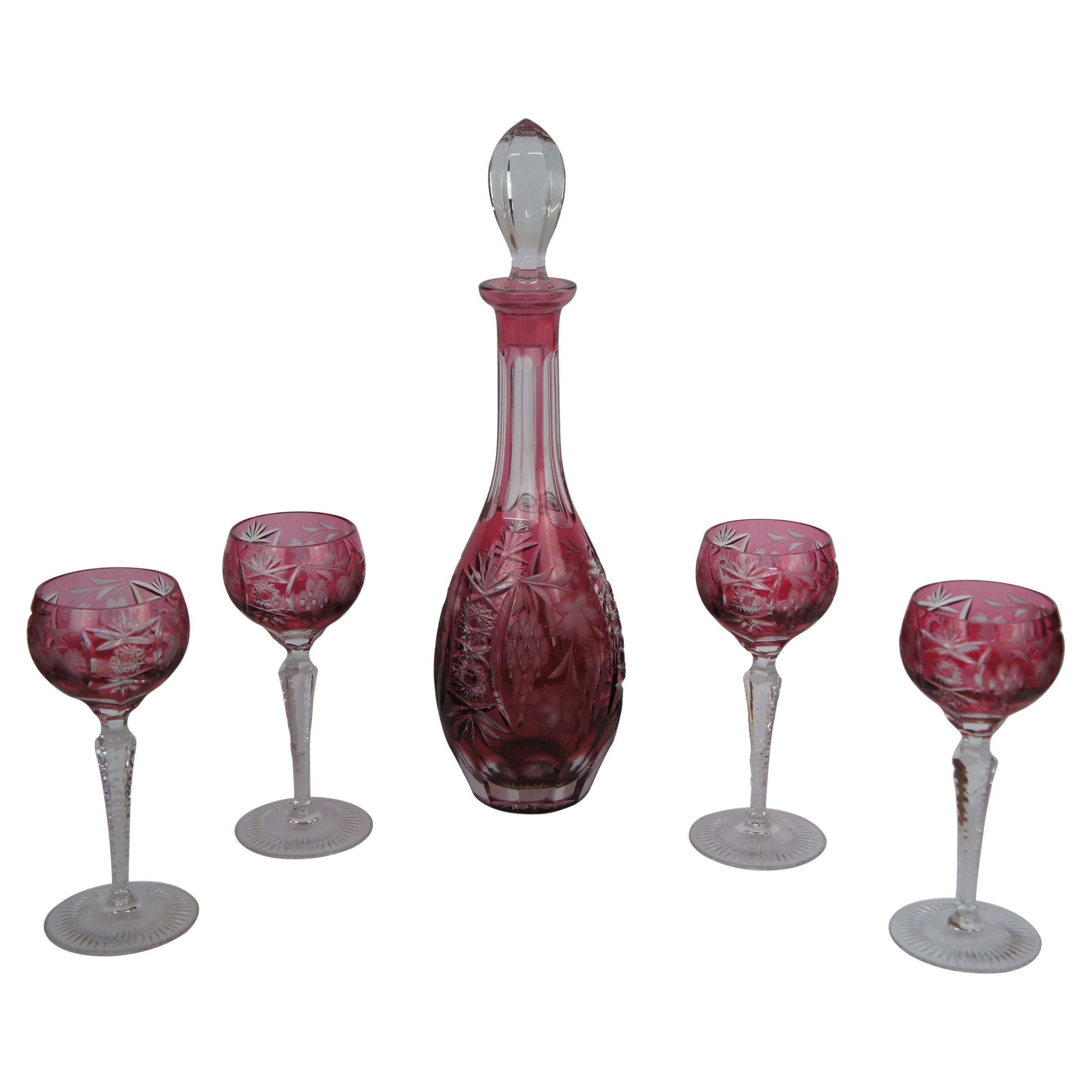 Nachtmann Traube Bohemian Cranberry Cut Clear Crystal Decanter & Shot Glasses