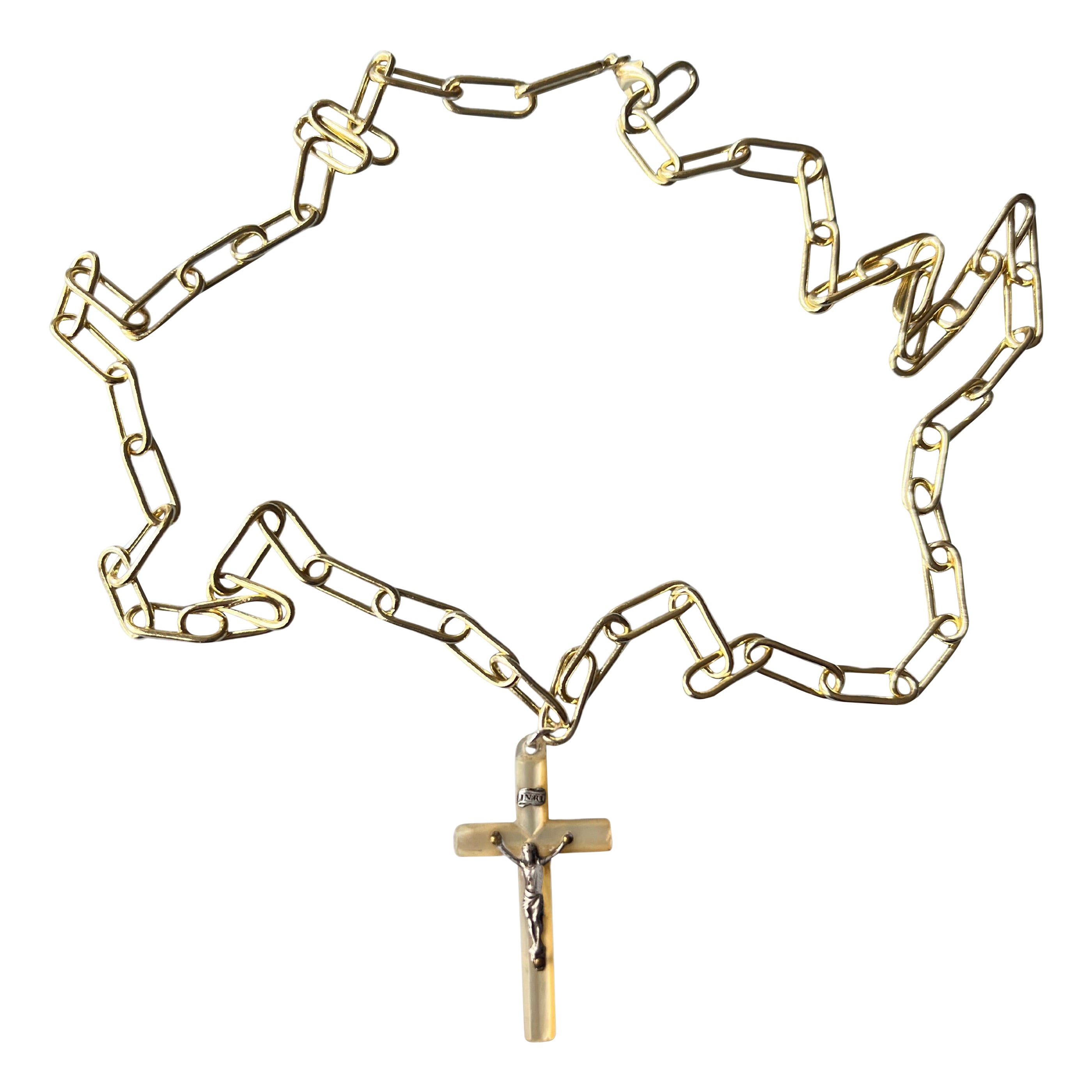 Nacre Cross Necklace Crucifix Religious French on a Goldplated Brass Chain

Length: 28