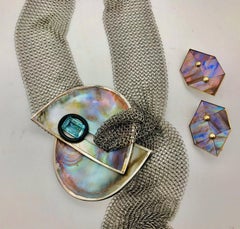 Nacre Pendant in Silver on Stainless Steel Mesh & Earrings by Sylvia Gottwald