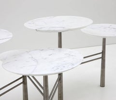 Nada Debs Modern Pebble Coffee Table, 5 White Marble Tops, Stainless Steel Legs