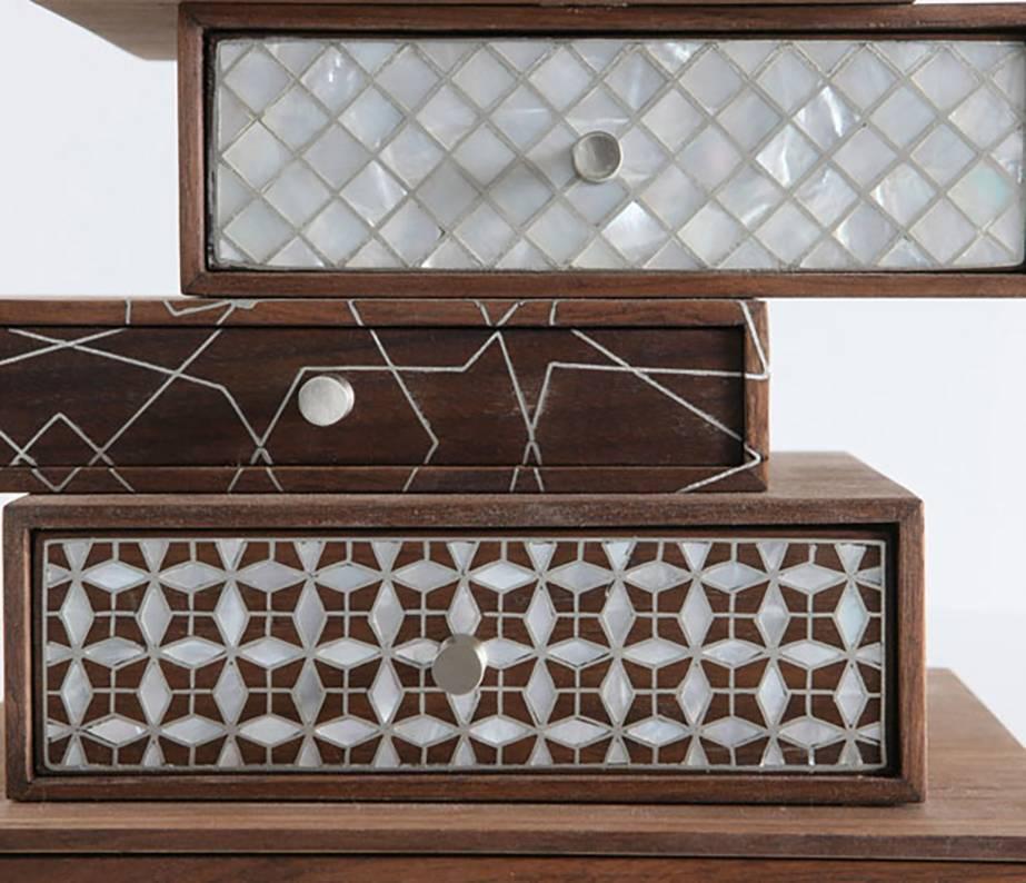 Modern Nada Debs Patchwork Stackable Jewelry Box, Walnut with Mother-of-Pearl Inlays For Sale