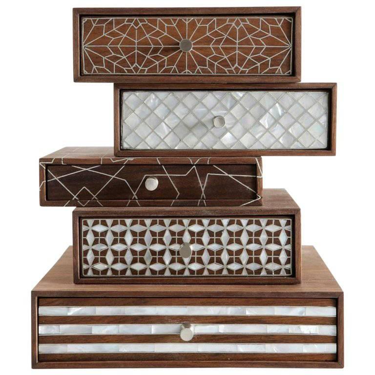 Nada Debs Patchwork Stackable Jewelry Box, Walnut with Mother-of-Pearl Inlays For Sale