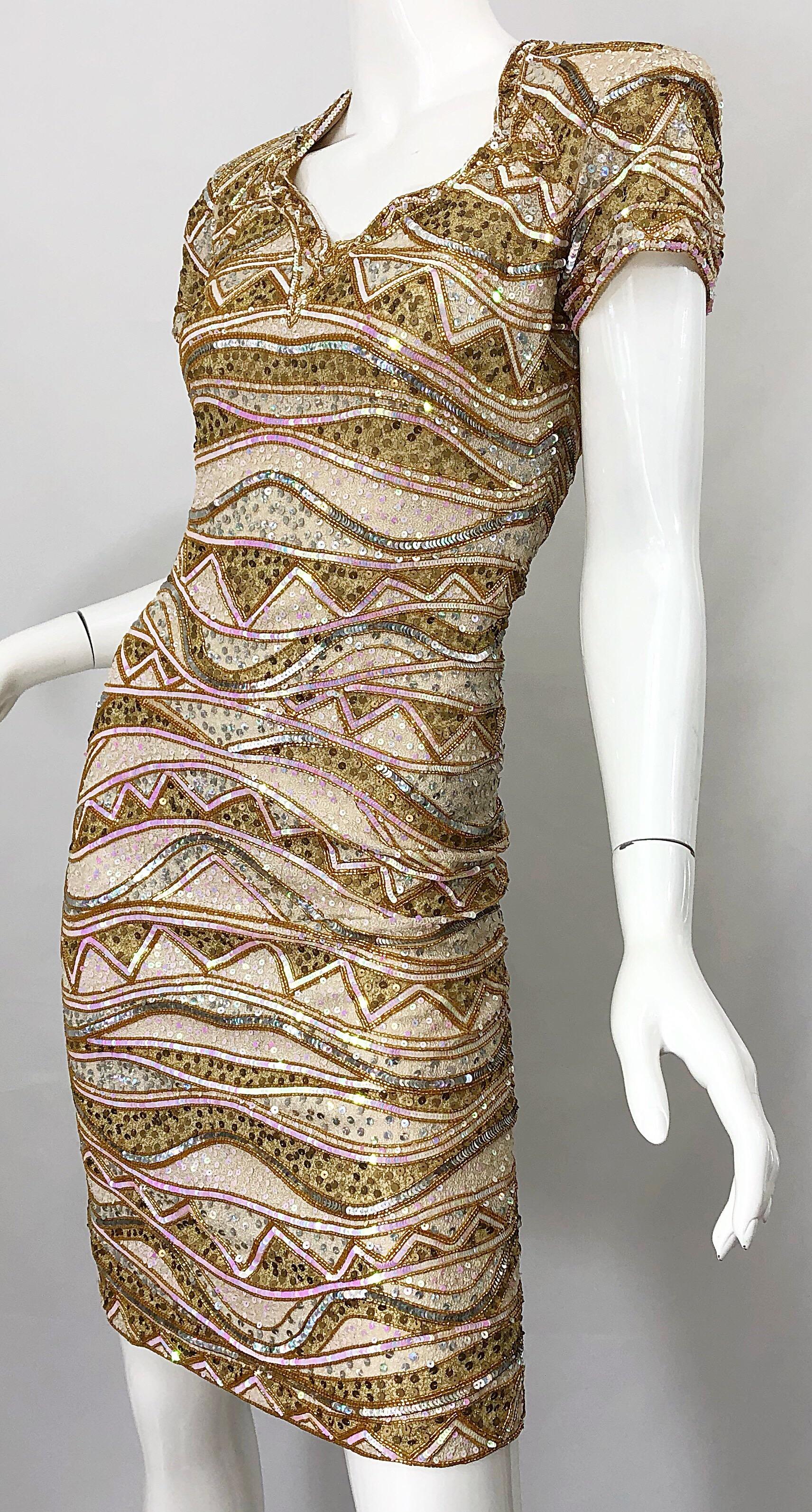 Naeem Khan 1990s Beaded and Sequin Open Back Geometric Silk Vintage 90s Dress For Sale 2