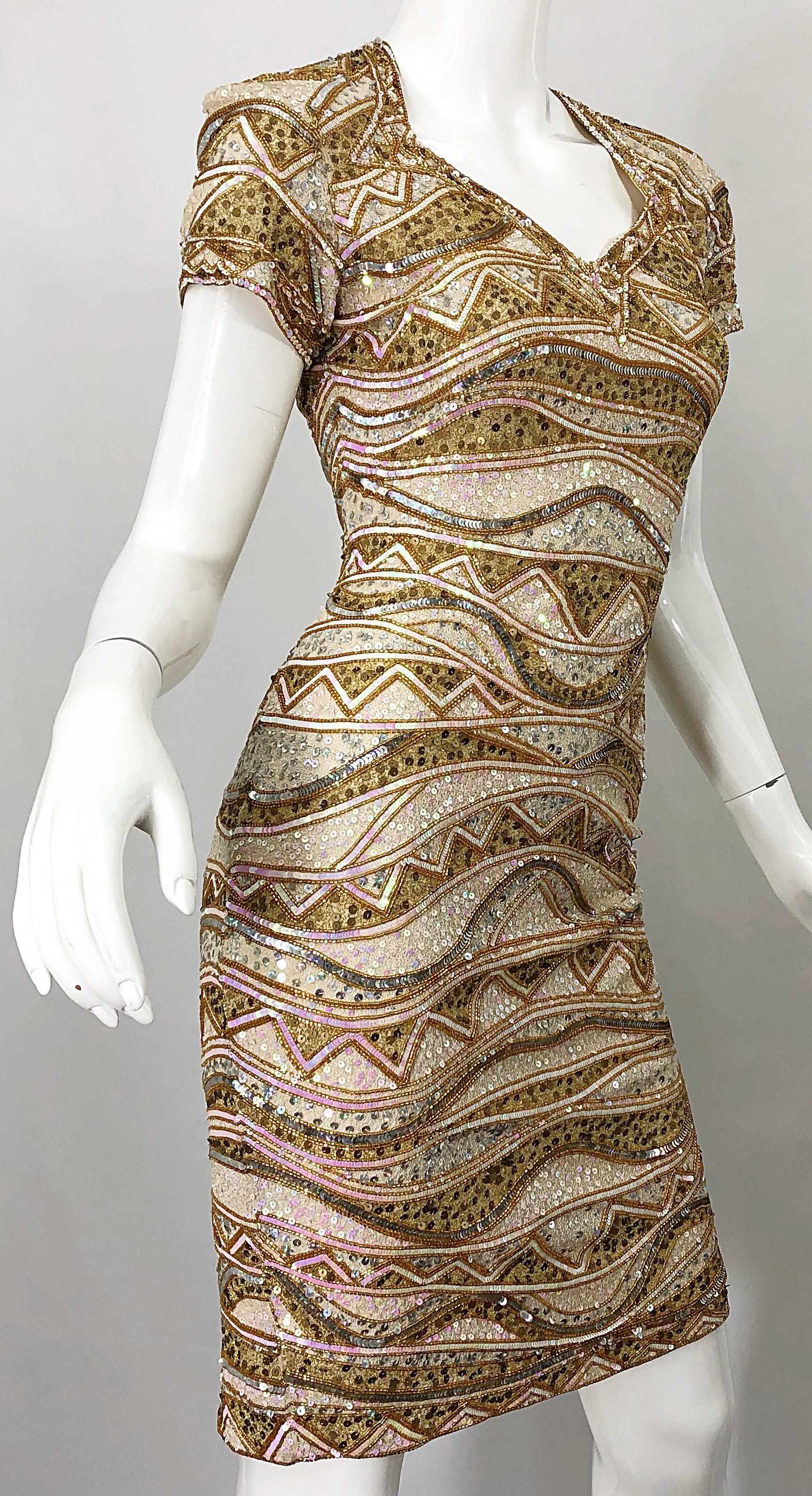 Naeem Khan 1990s Beaded and Sequin Open Back Geometric Silk Vintage 90s Dress For Sale 6