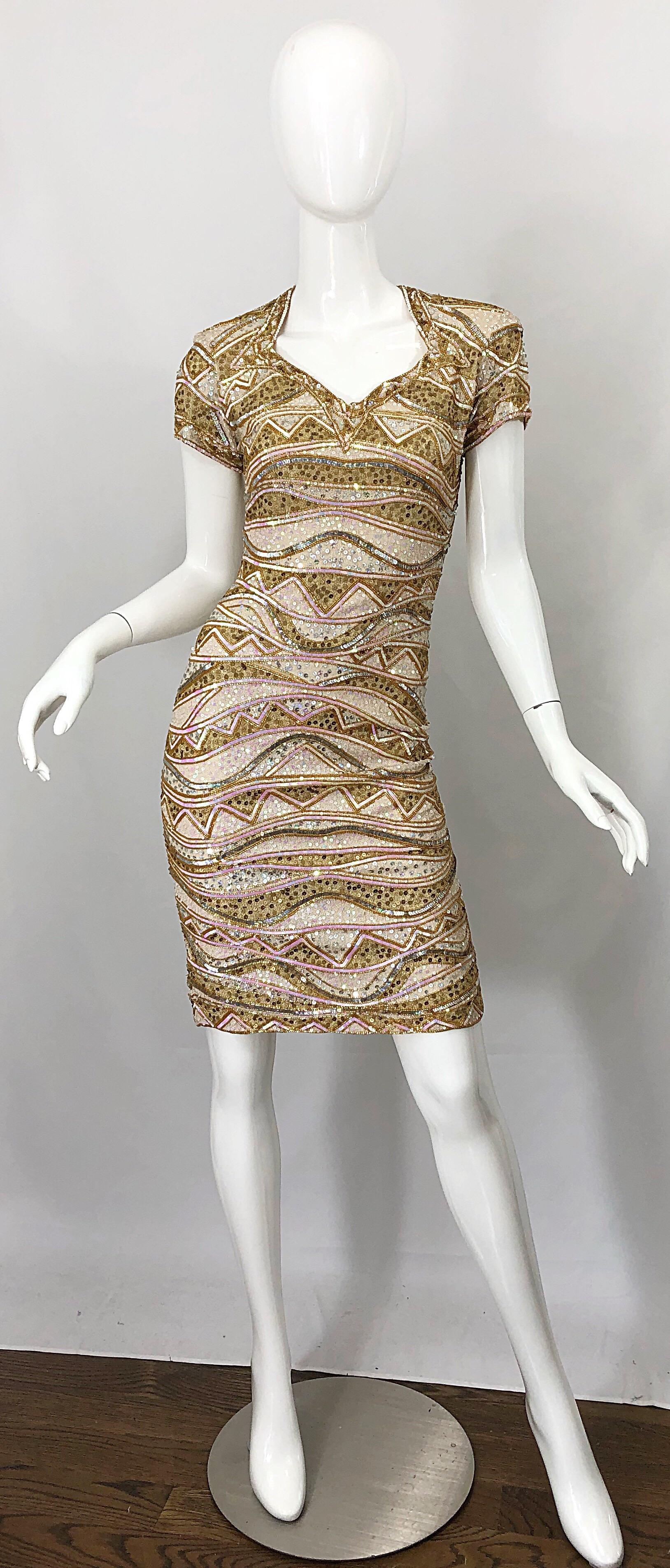 Naeem Khan 1990s Beaded and Sequin Open Back Geometric Silk Vintage 90s Dress For Sale 7