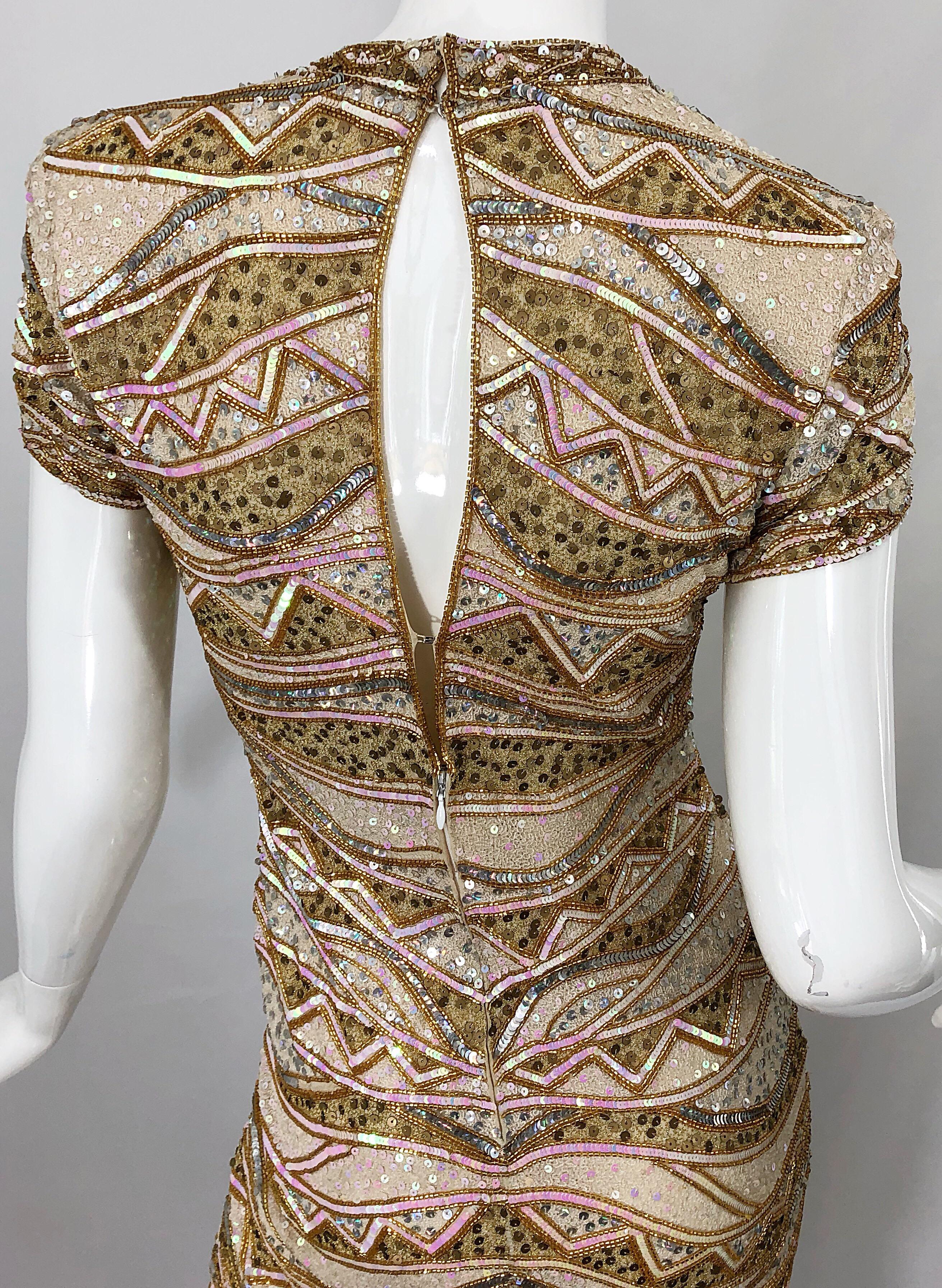 Naeem Khan 1990s Beaded and Sequin Open Back Geometric Silk Vintage 90s Dress In Excellent Condition For Sale In San Diego, CA