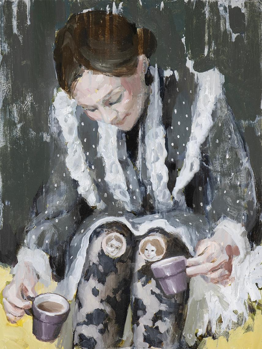 "Café para dos" (2024) de Nadezda, Pintura al óleo original, Retrato surrealista