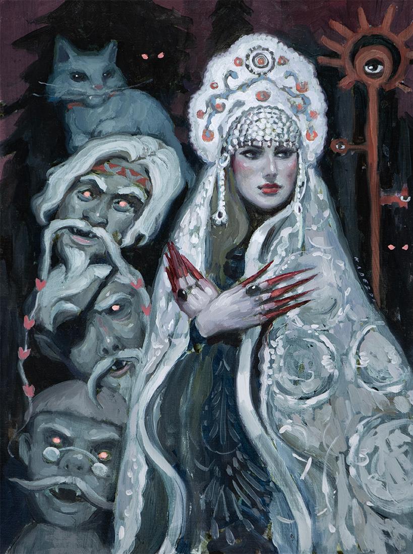 El nuevo y hermoso óleo sobre tabla de Nadezda "Donde cantan los pantanos" (2024) es un retrato eslavo surrealista de una mujer vestida con ropas tradicionales rusas, de pie estoicamente ante una escena extraña, con iconografía de cabezas de