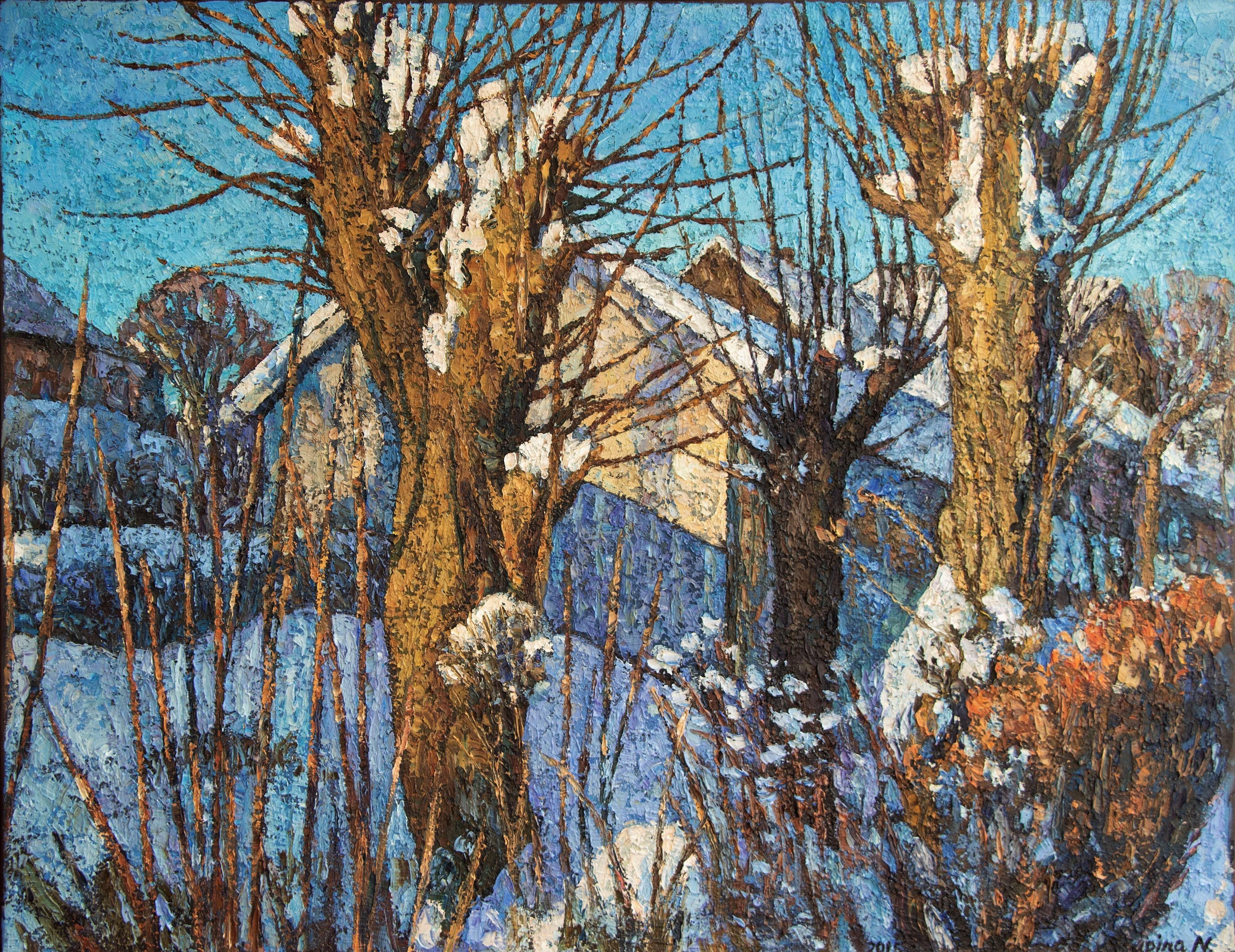 Landscape Painting di Nadezda Stupina - "Nei raggi del sole" Originale impressionista di grandi dimensioni  paesaggio invernale.