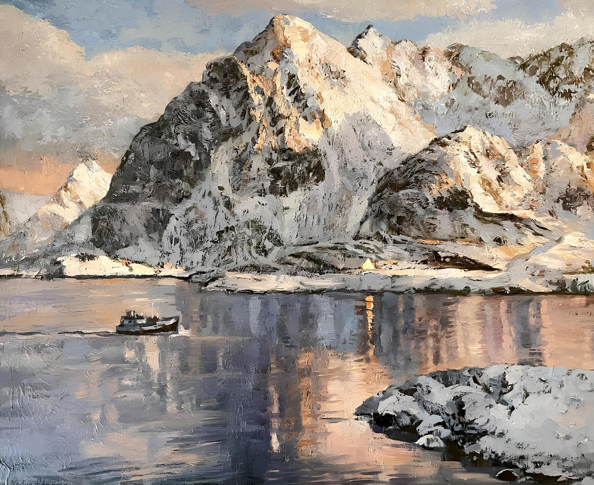Nadezda Stupina Landscape Painting - “ Lofoten idyll’ Original mountain landscape. Impasto oil painting. Large.