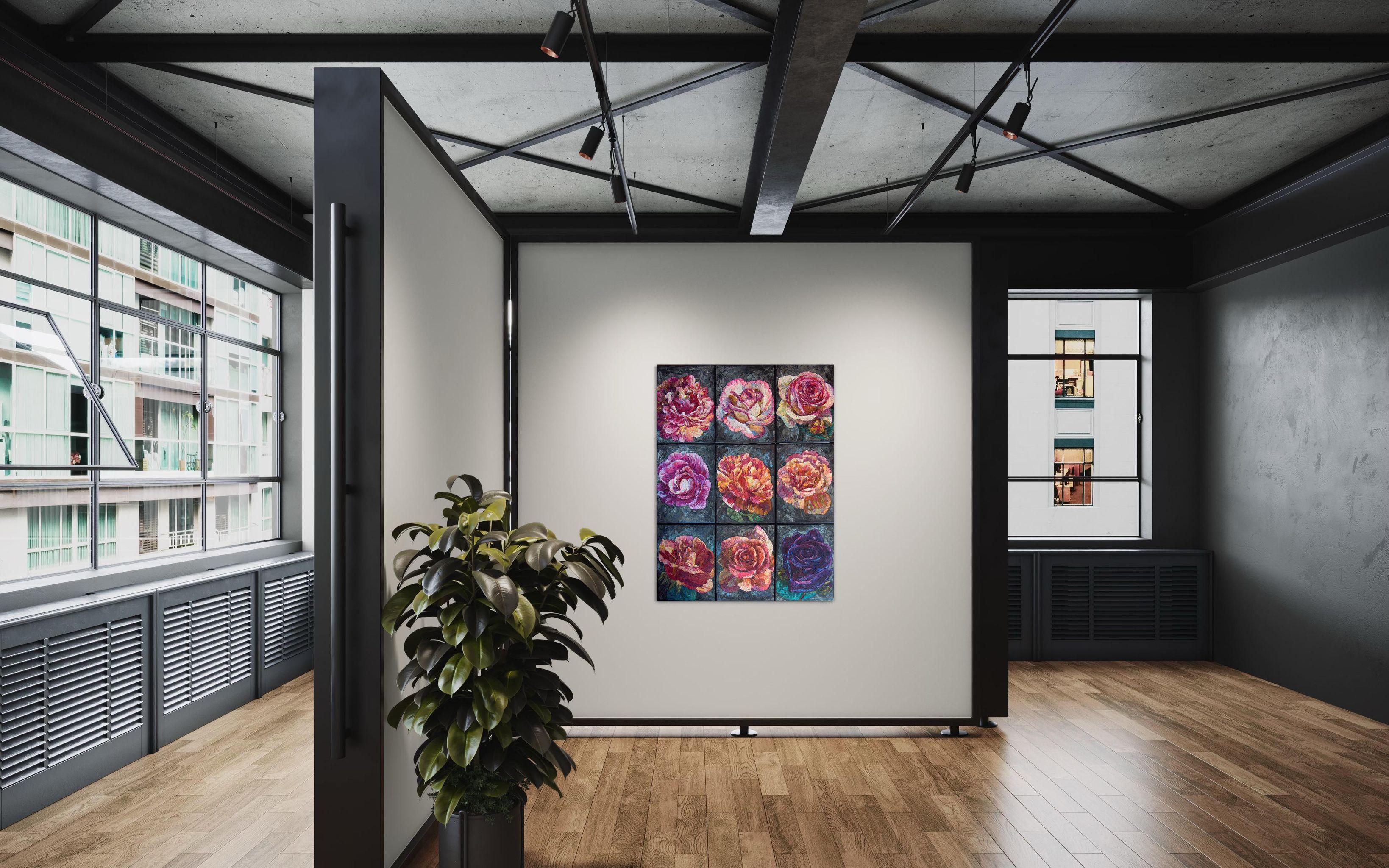 « 9 Roses », peinture à l'huile florale originale. Style impressionniste Impasto - Noir Interior Painting par Nadezda Stupina