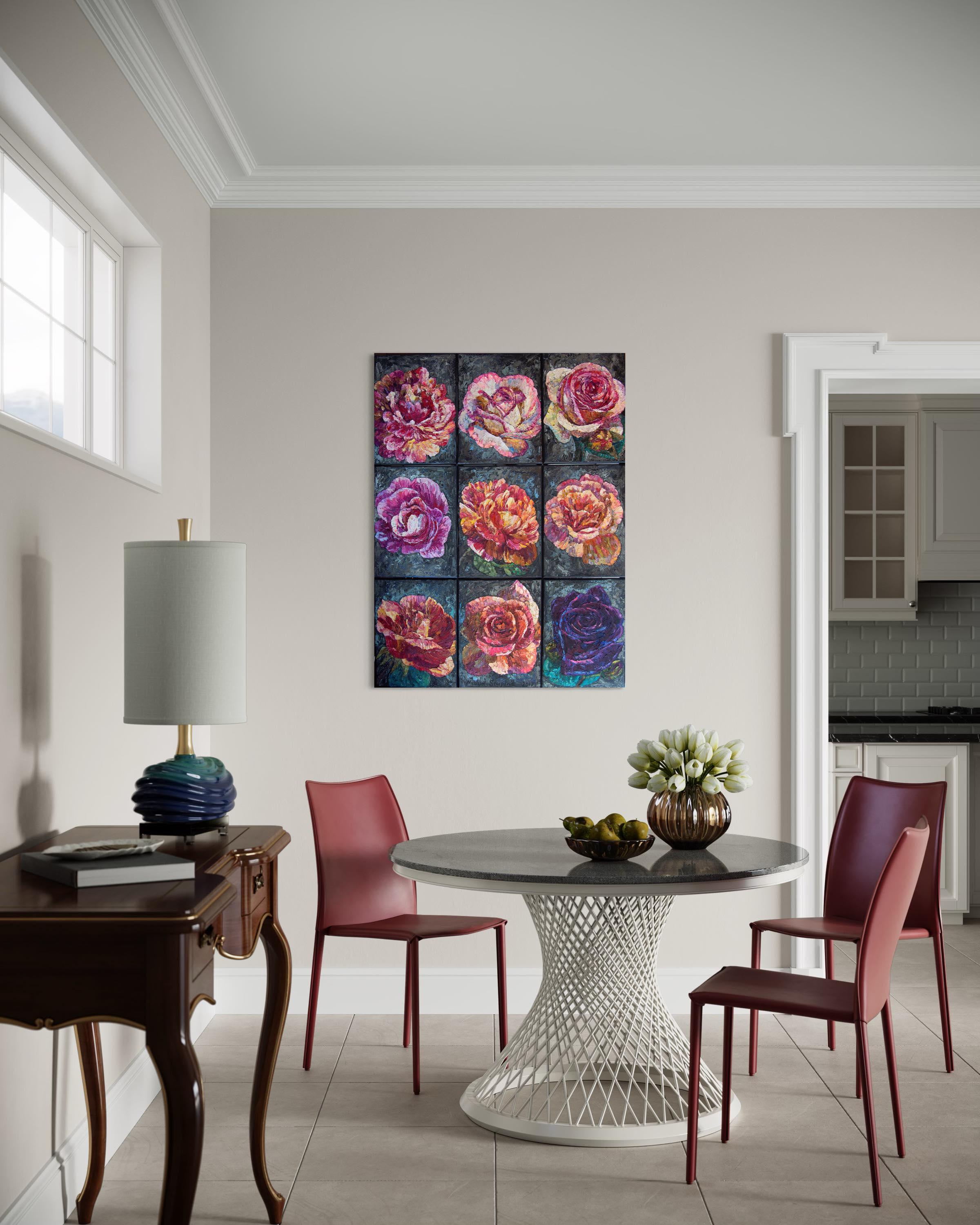 En créant cette peinture à l'huile, j'ai mis toute mon âme à capturer l'essence du symbole le plus enchanteur de la nature : la rose. Les pétales luxuriants de chaque fleur sont une danse de couleurs et de textures, riche et vivante avec des traits
