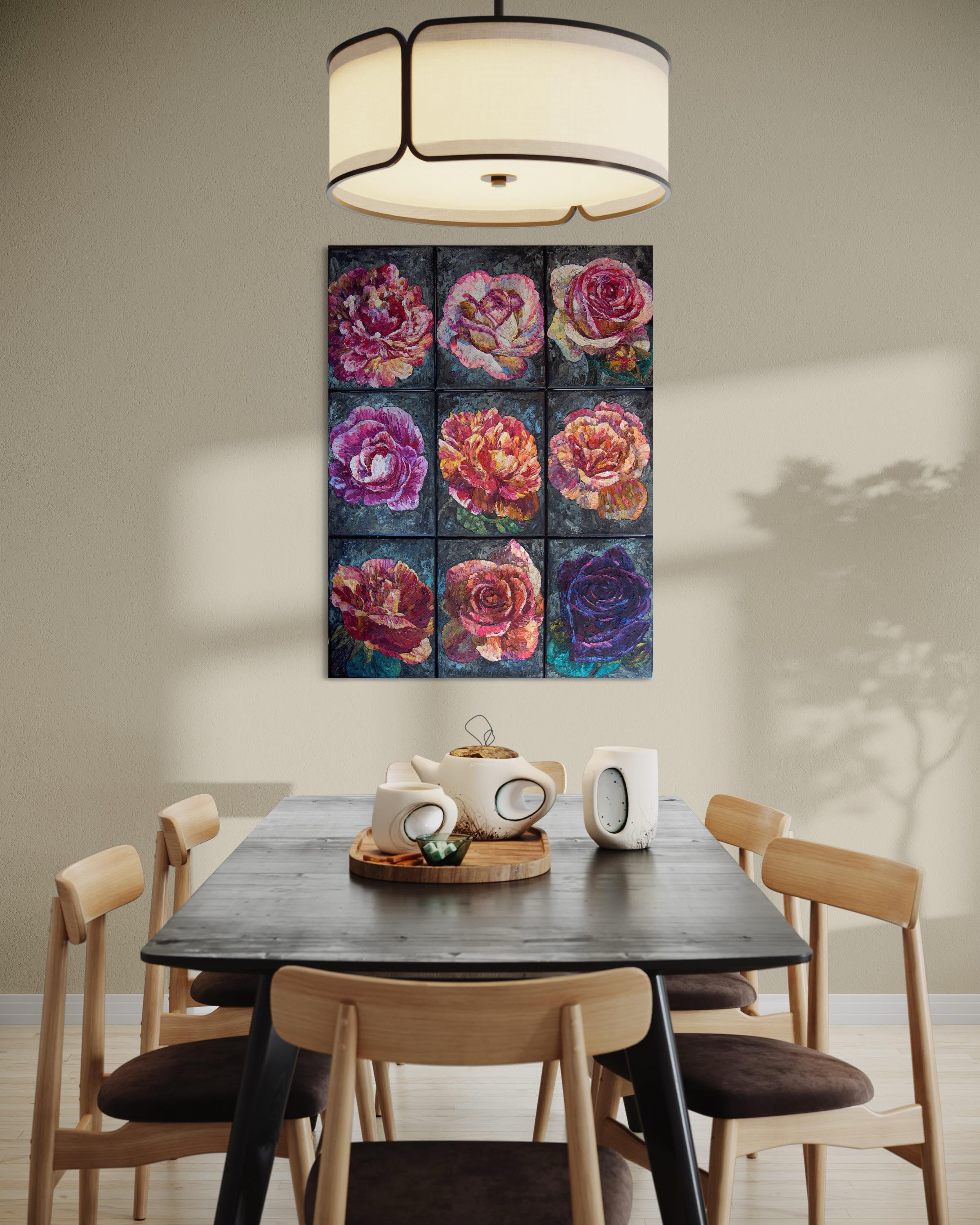 « 9 Roses », peinture à l'huile florale originale. Style impressionniste Impasto en vente 1