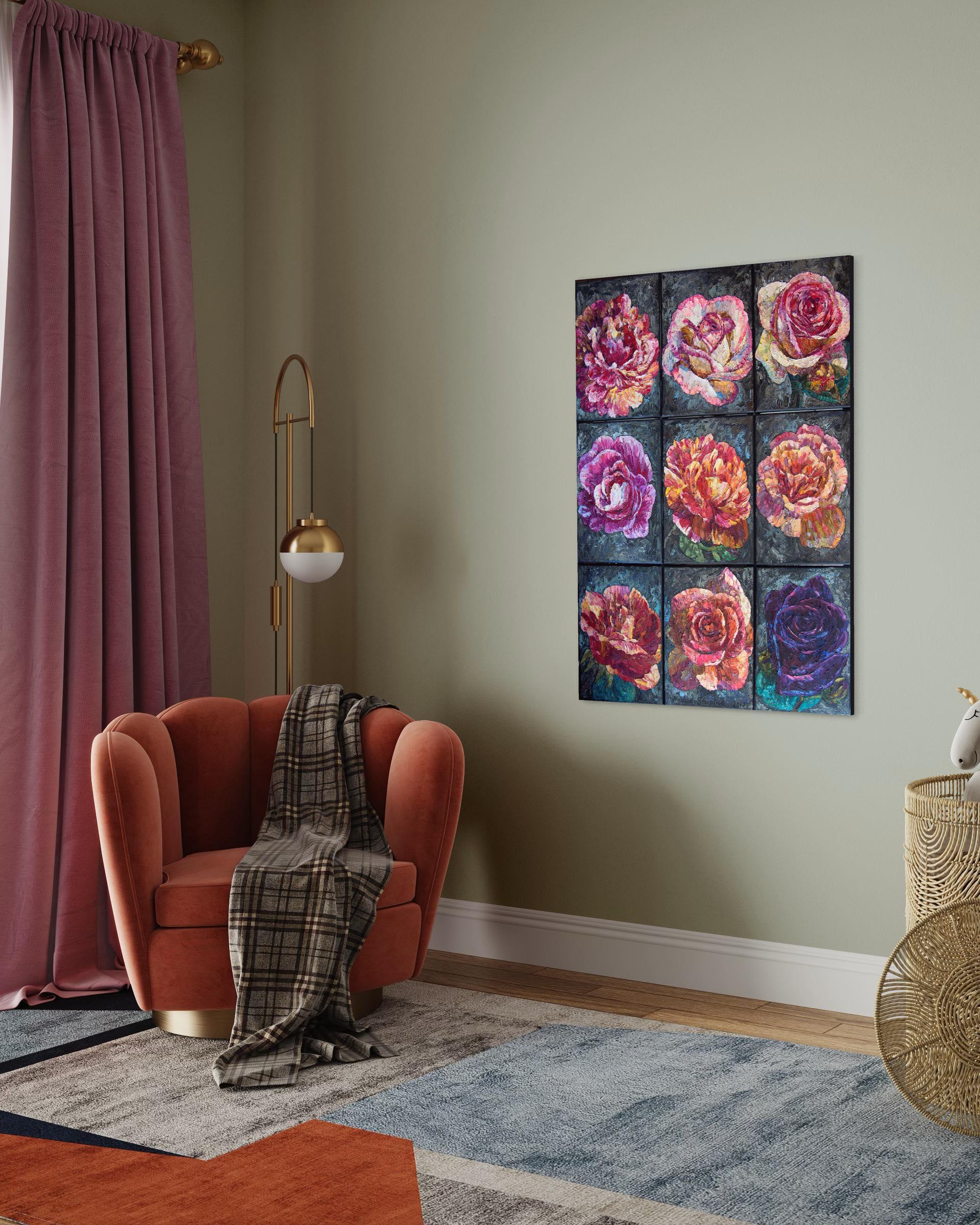« 9 Roses », peinture à l'huile florale originale. Style impressionniste Impasto en vente 2