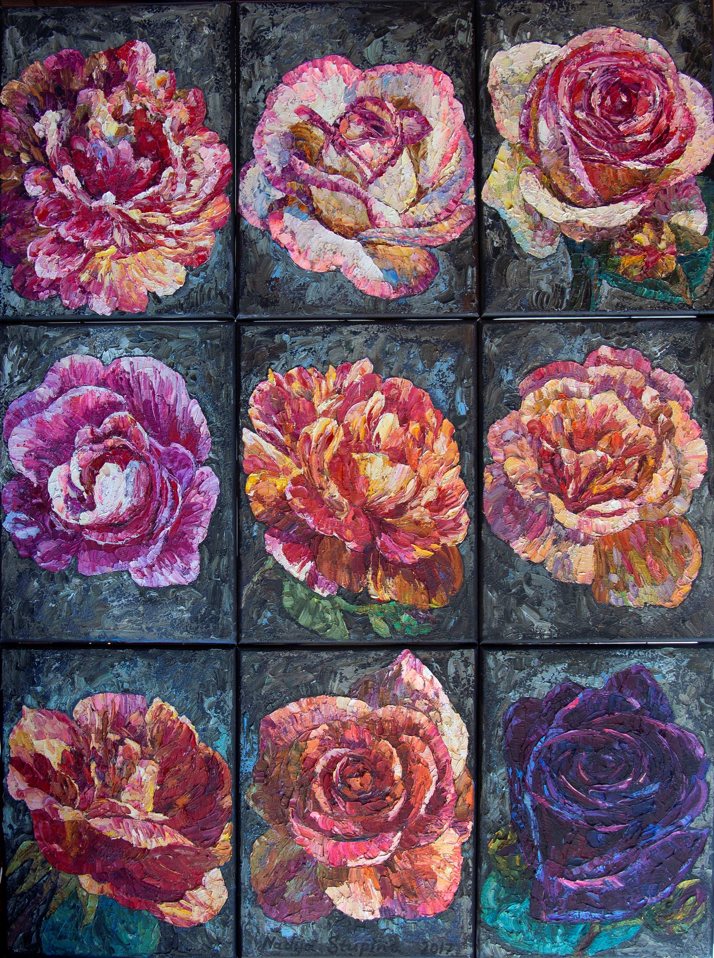 Interior Painting Nadezda Stupina - « 9 Roses », peinture à l'huile florale originale. Style impressionniste Impasto