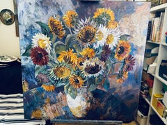 Un gran ramo de girasoles . Pintura floral impresionista original