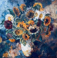 A large bouquet of sunflowers . Original impressionistic floral painting