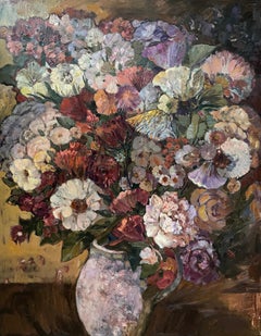 “A lush bouquet in a pink vase” Original floral painting. Large vertical .