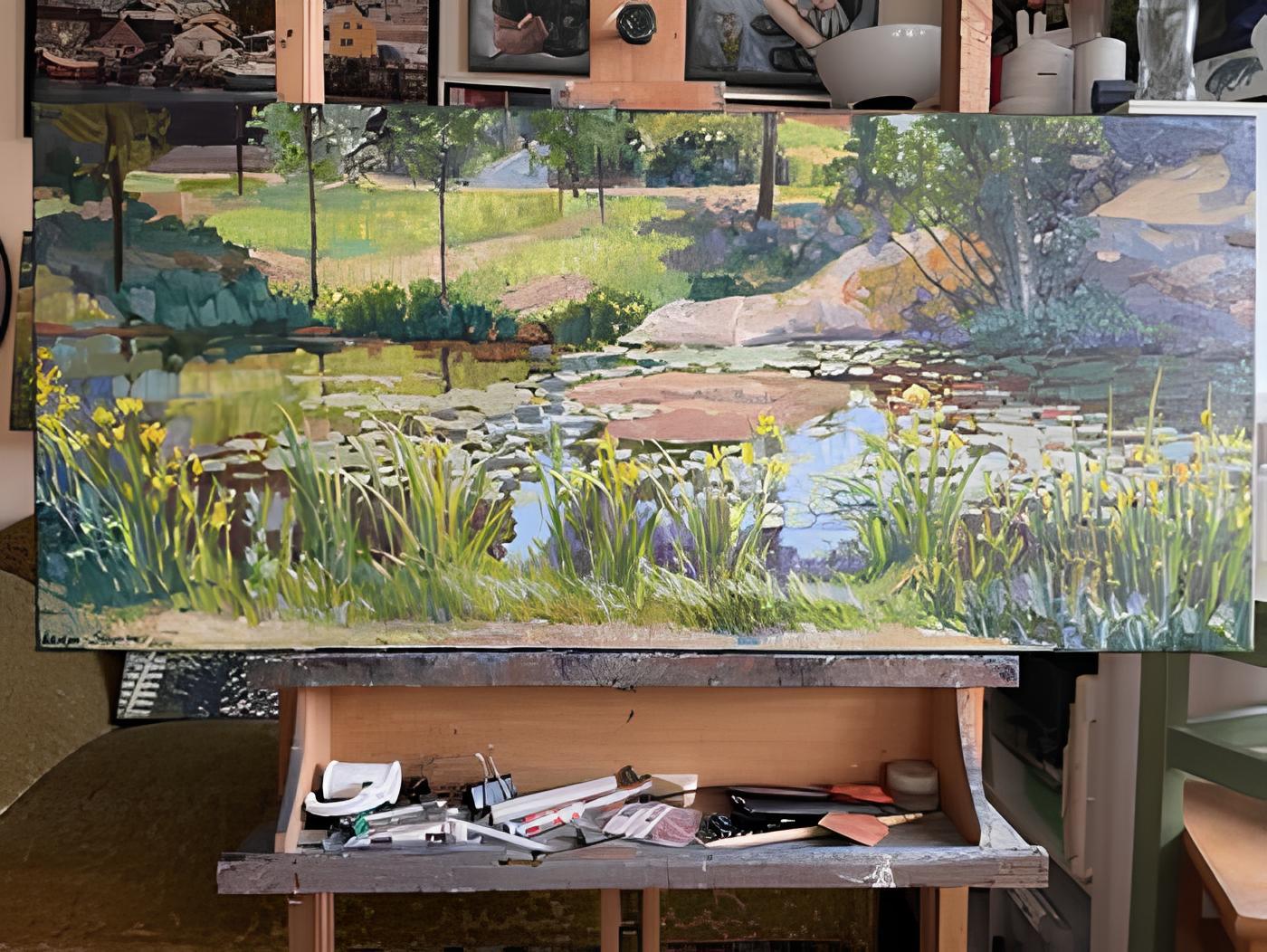 Ein Teich mit Wasserlilien und Irisen 2 – Painting von Nadezda Stupina