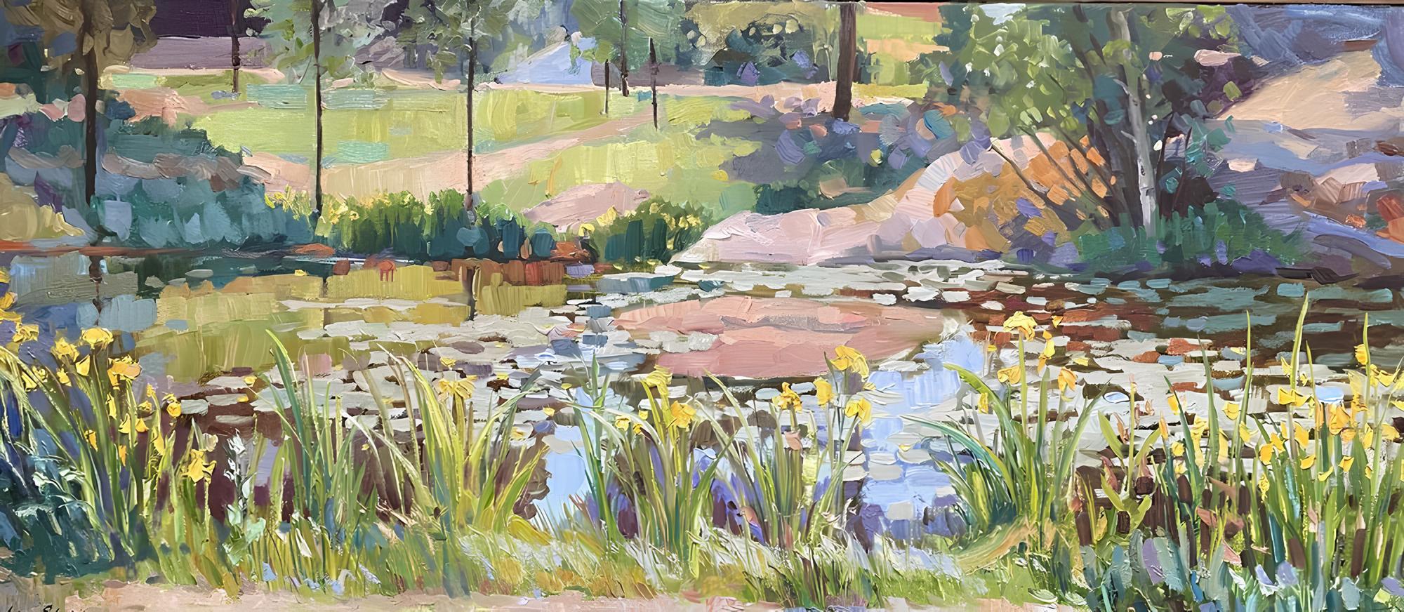 Nadezda Stupina Landscape Painting – Ein Teich mit Wasserlilien und Irisen 2
